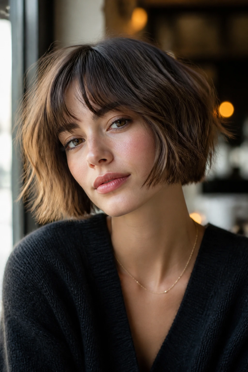 Close-up of a woman with a textured French bob in warm cafe window light