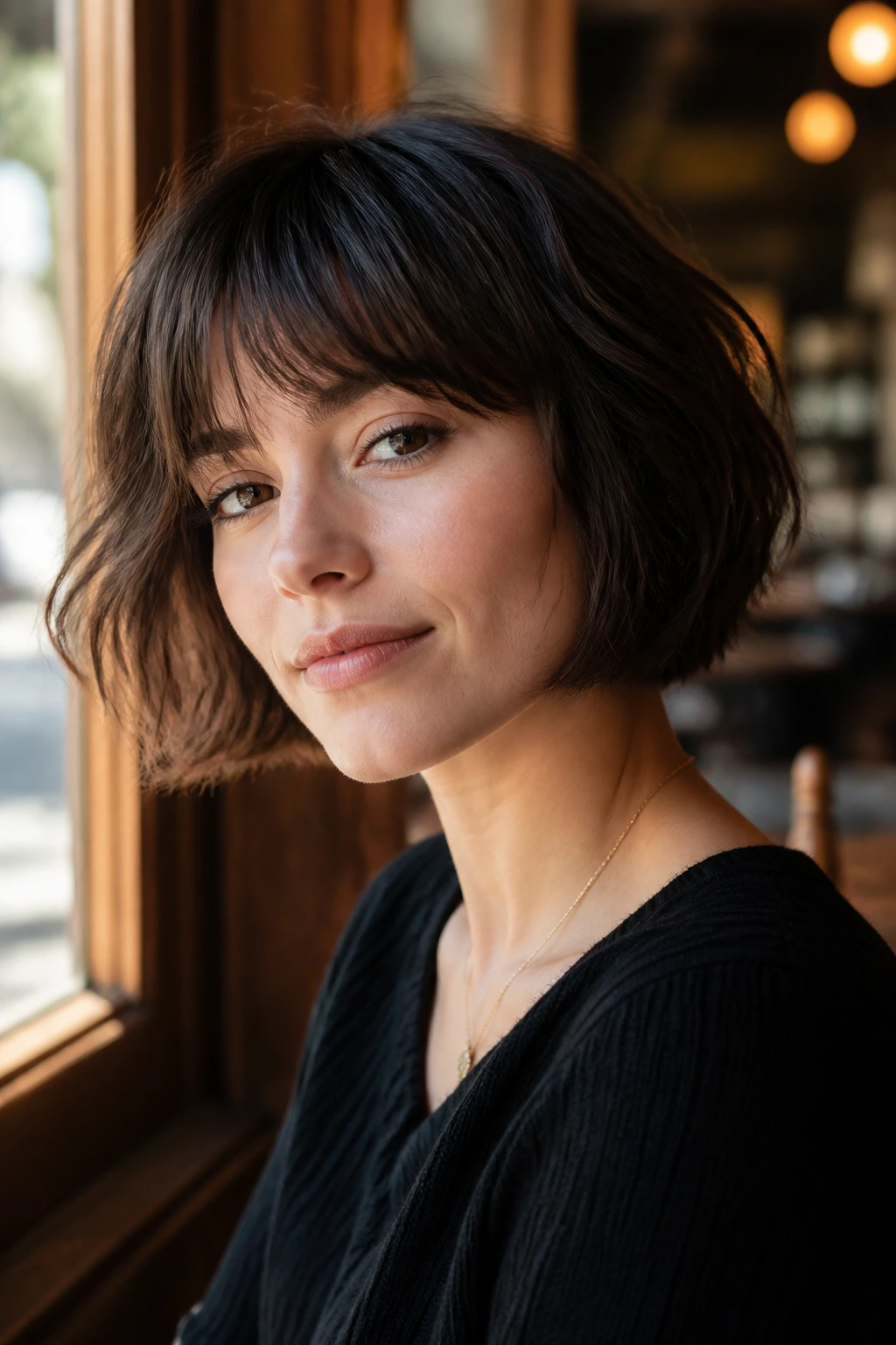 Close-up of a woman with a textured French bob and wispy fringe in warm cafe light