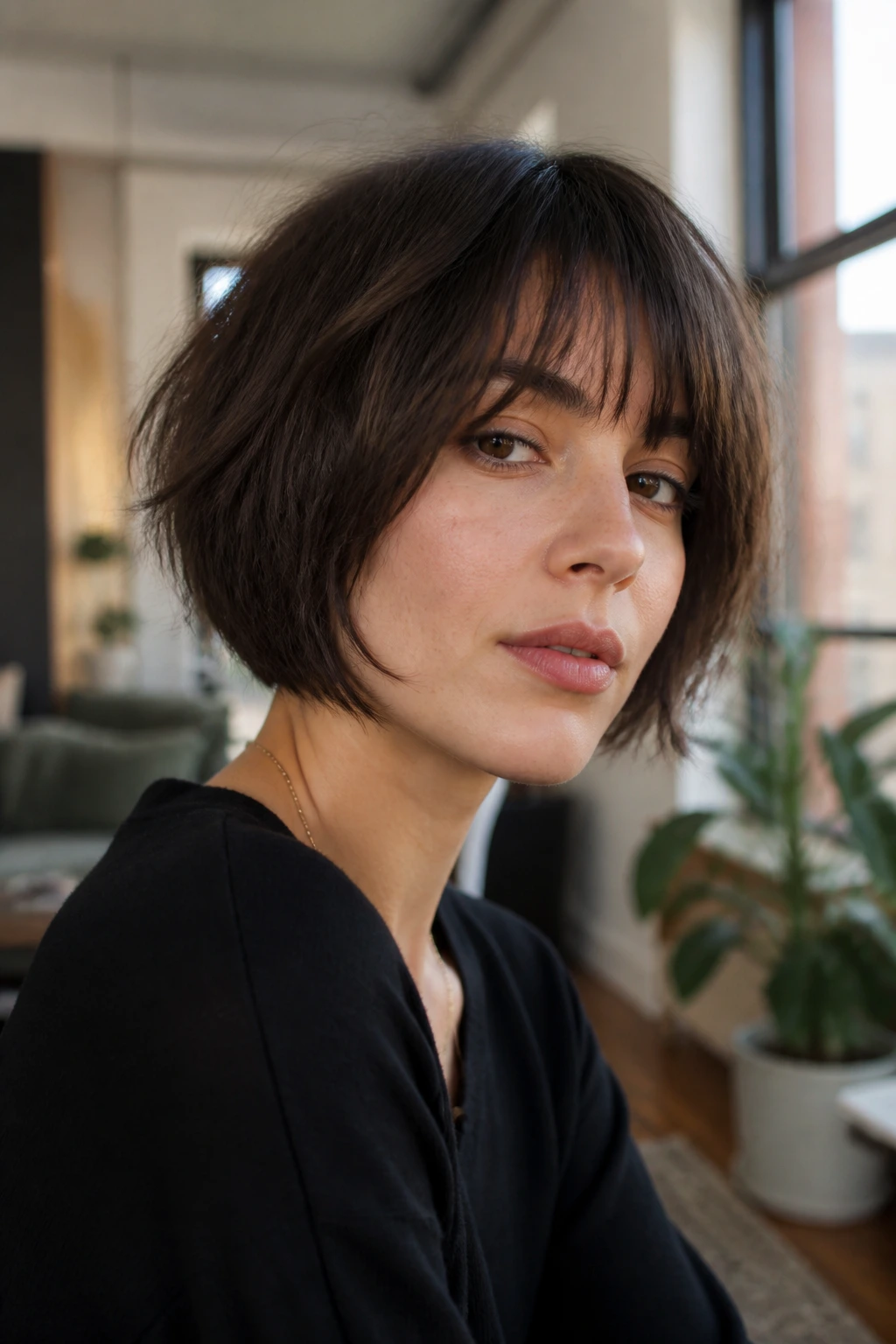 Close-up of a real woman with a textured French bob featuring micro-layers and see-through bangs.