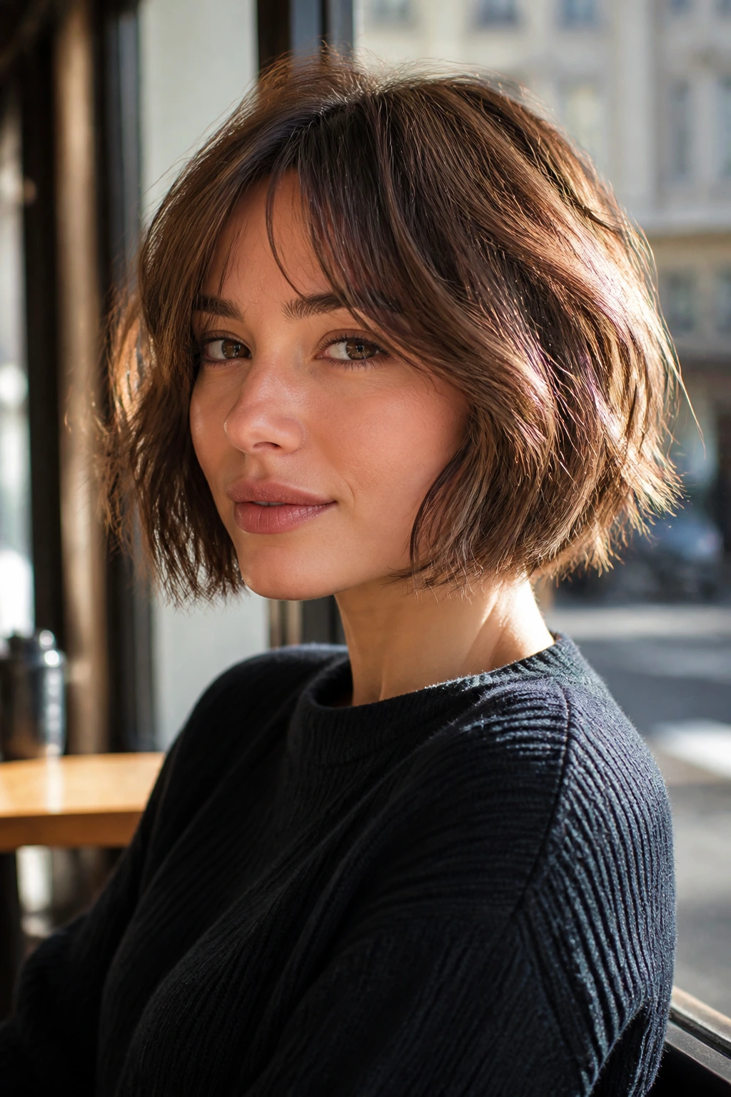 Close-up portrait of a real woman with textured French bob in cafe light