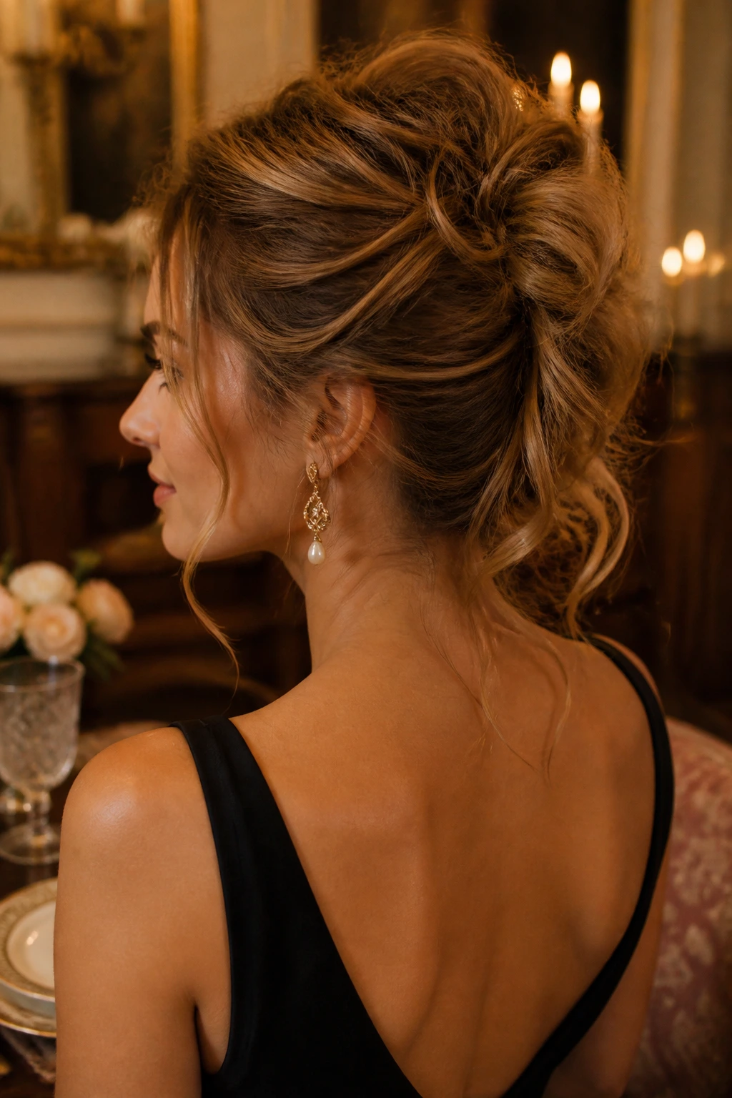 Real woman with a textured deconstructed French twist in candlelit Victorian room