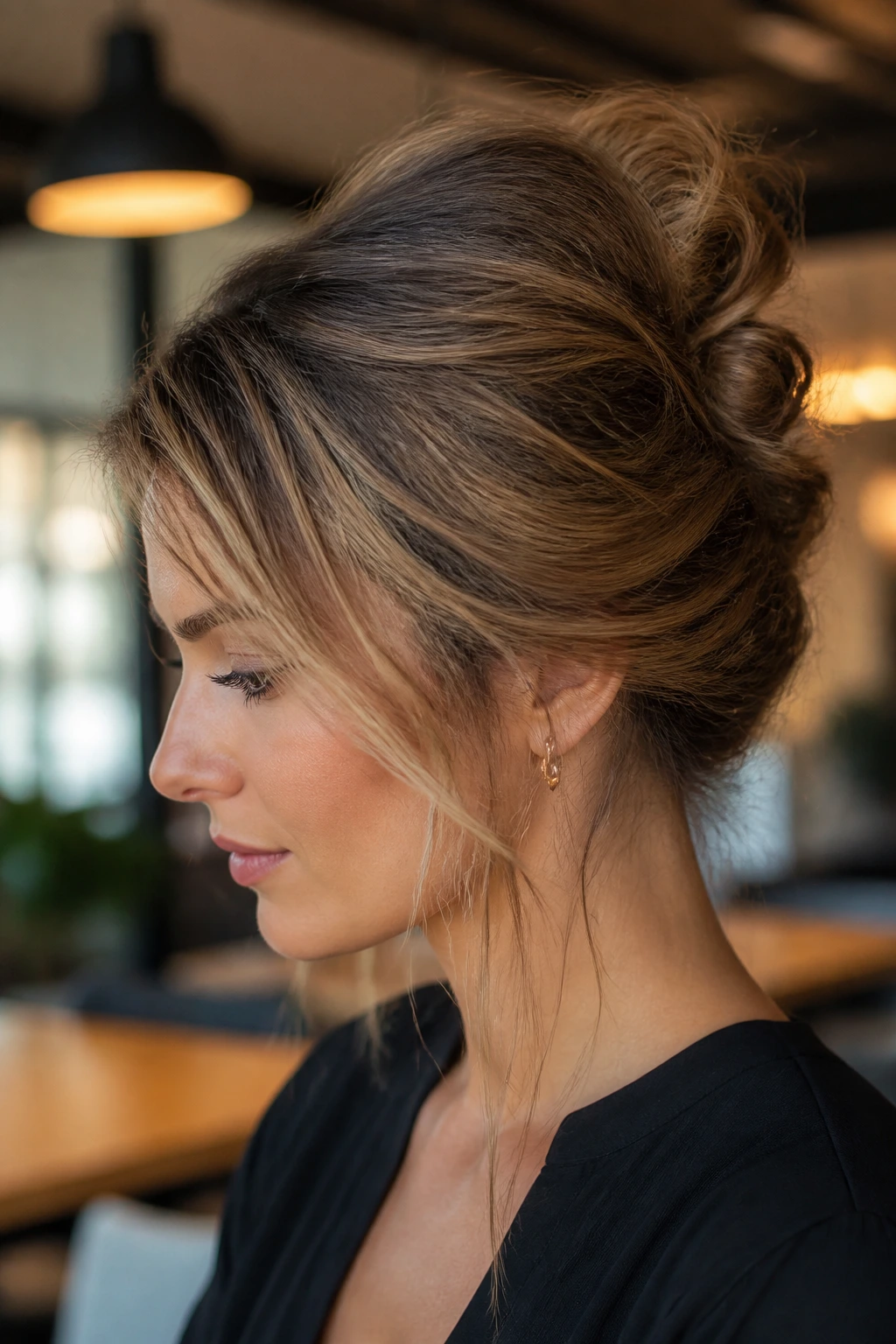 Close-up of a person with a loose textured French twist in an office setting