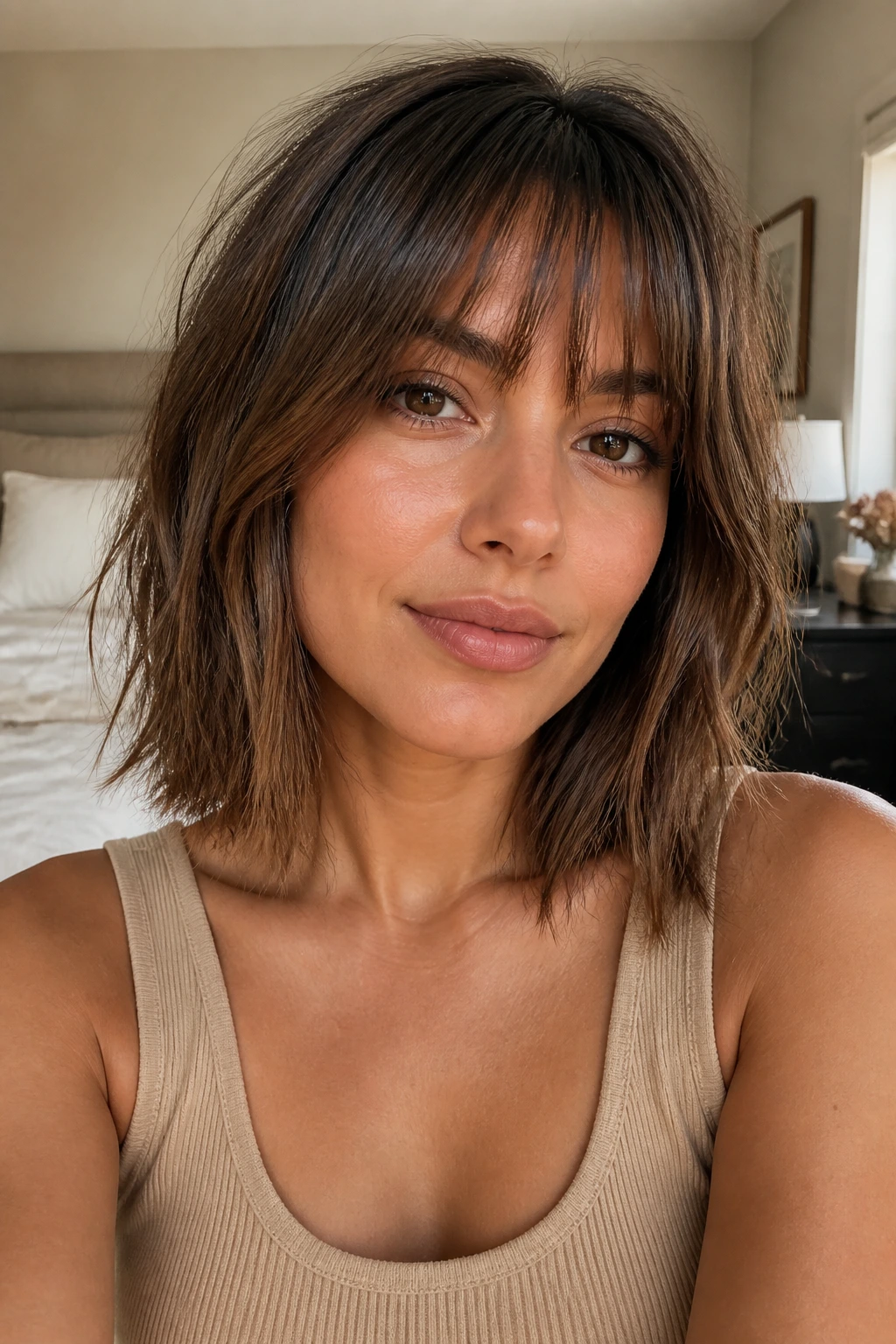 Close-up portrait of a real woman with textured fringe lob