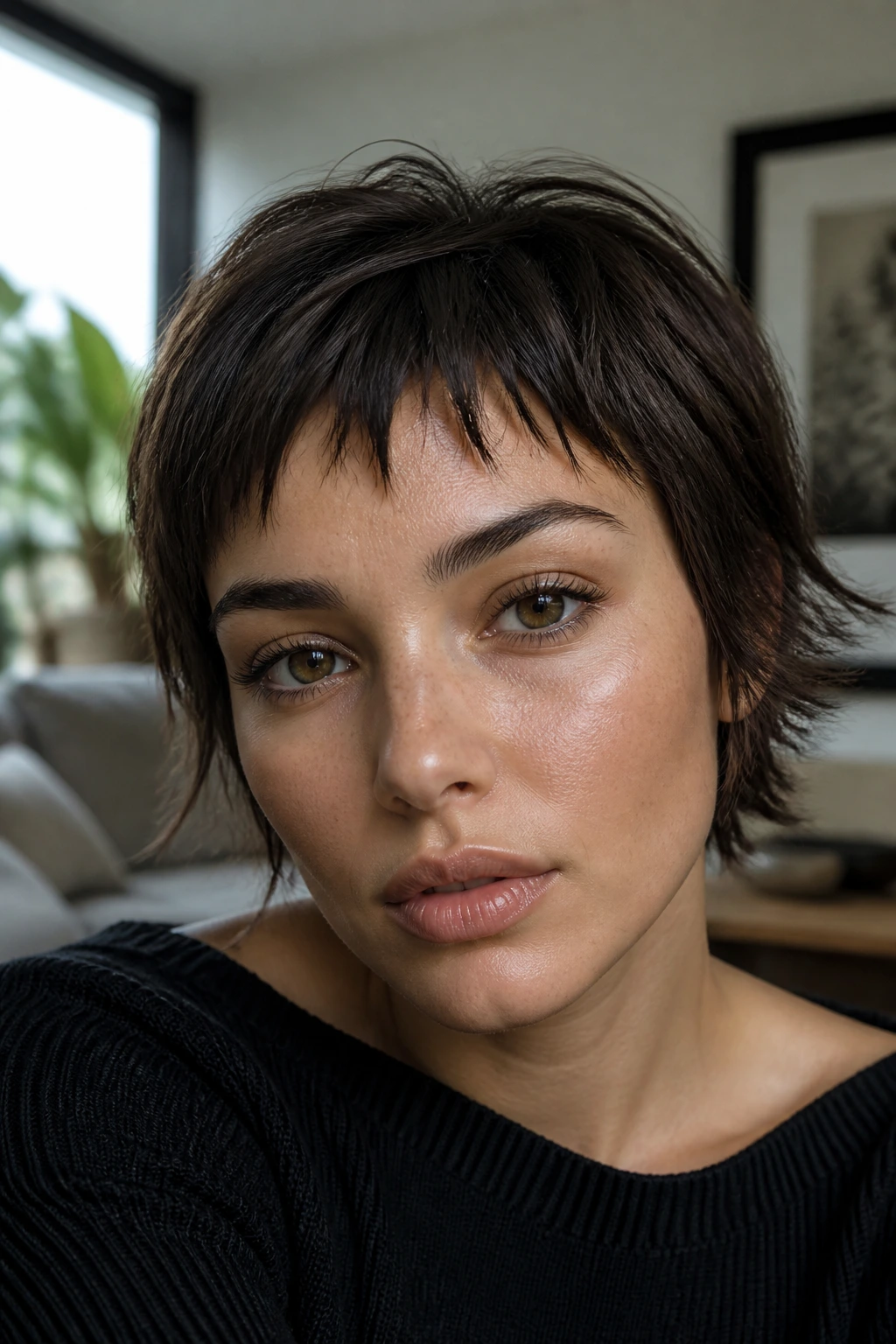 Close-up of a person with textured micro fringe in a bright living room