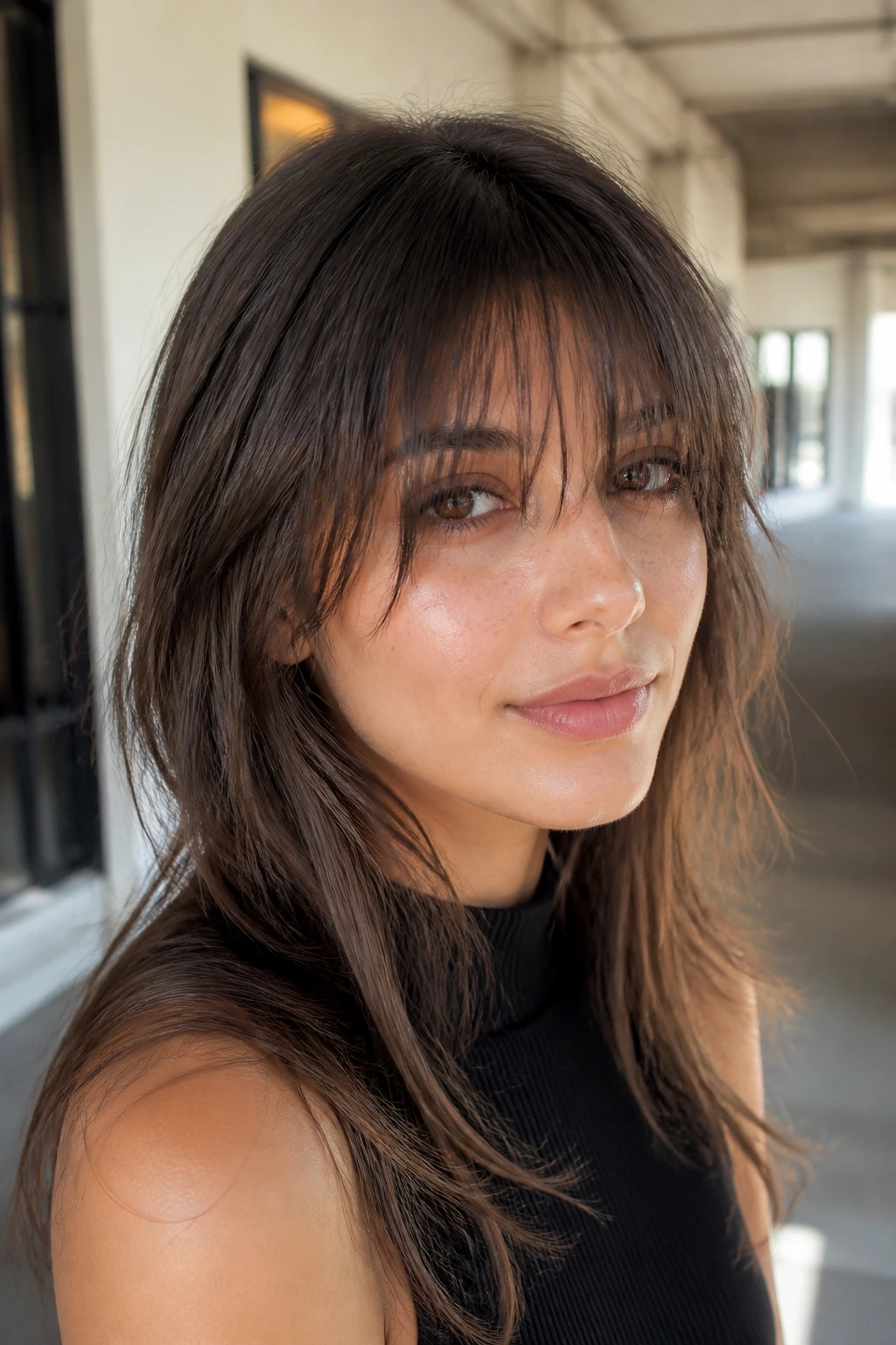 Close-up portrait of a person with heavy textured wispy-ended fringe
