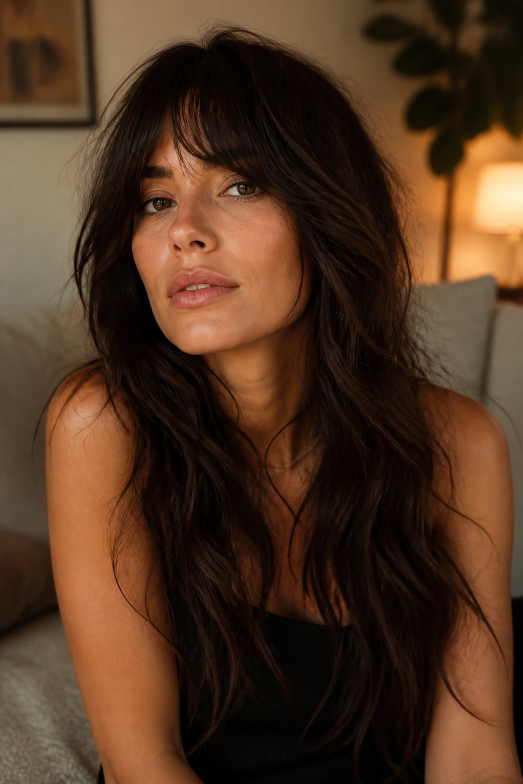Close-up of textured point-cut fringe with tousled long waves on a real woman