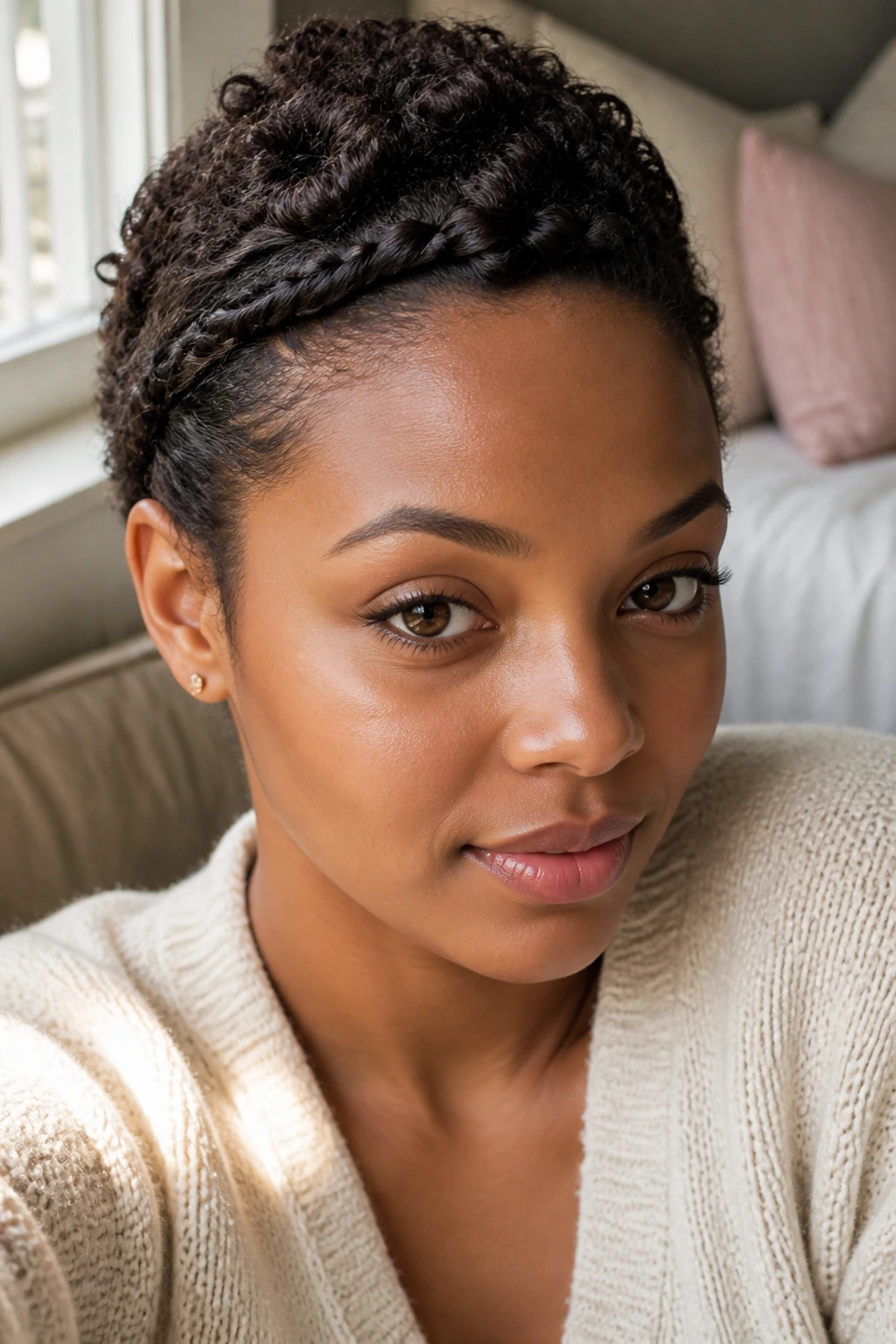 Close-up of a real woman with a textured front twist hairstyle