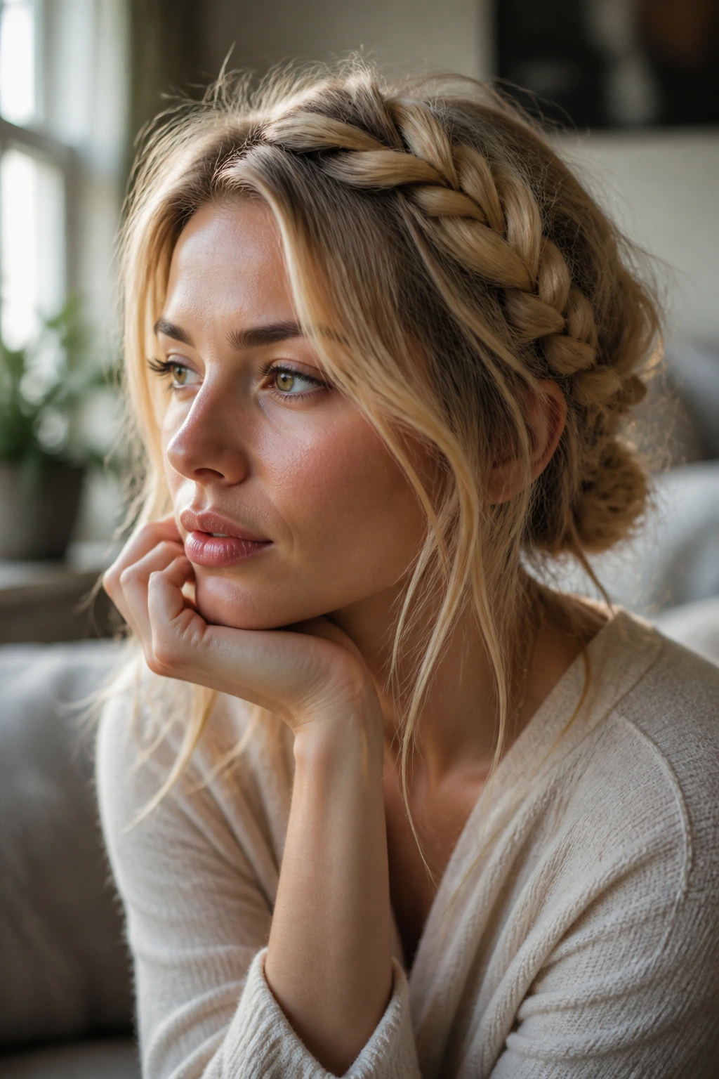 Close-up of a blonde woman with textured, undone hair in a cozy living room
