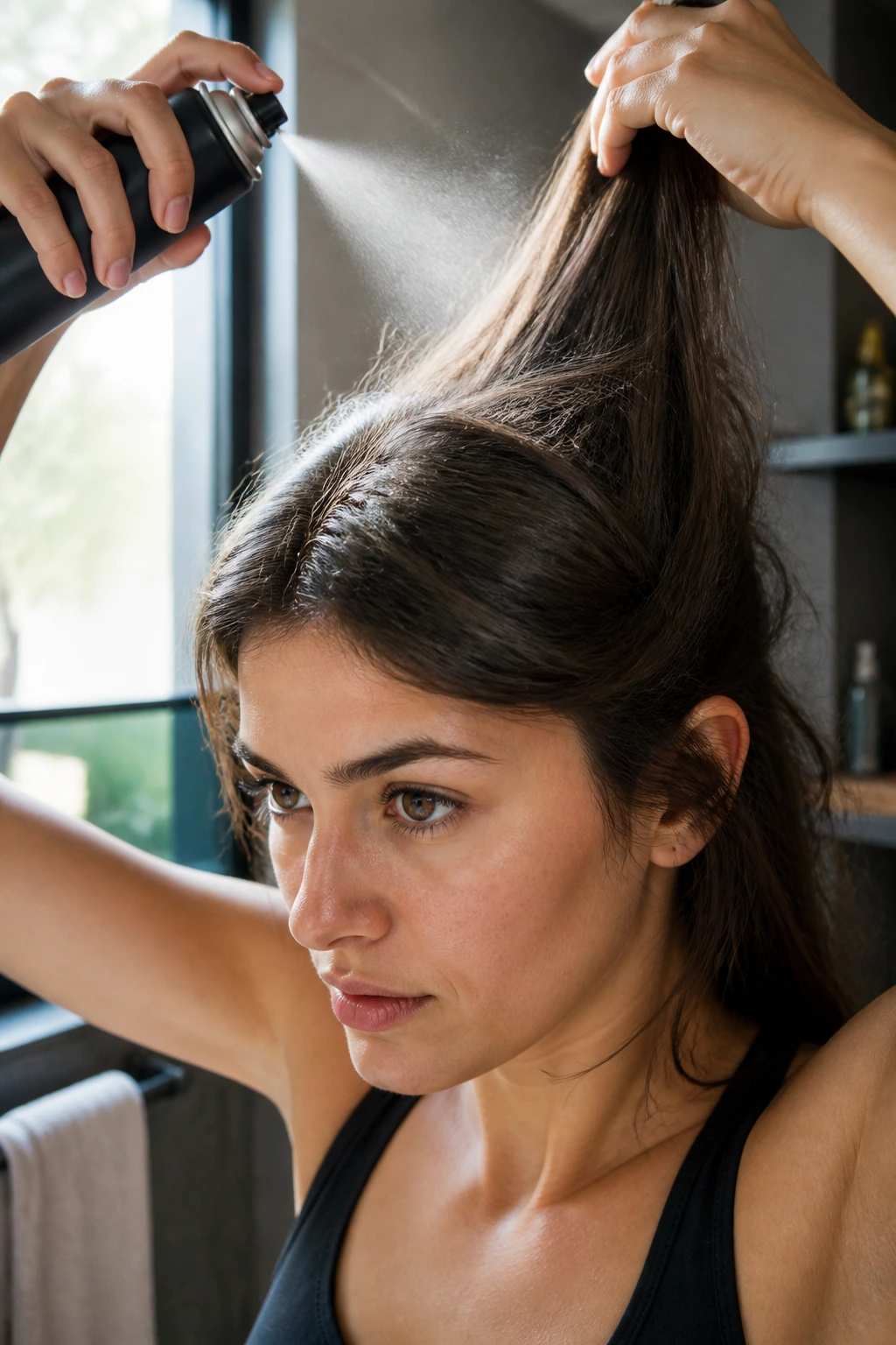 Close-up of real person with textured hair grip spray on straight hair