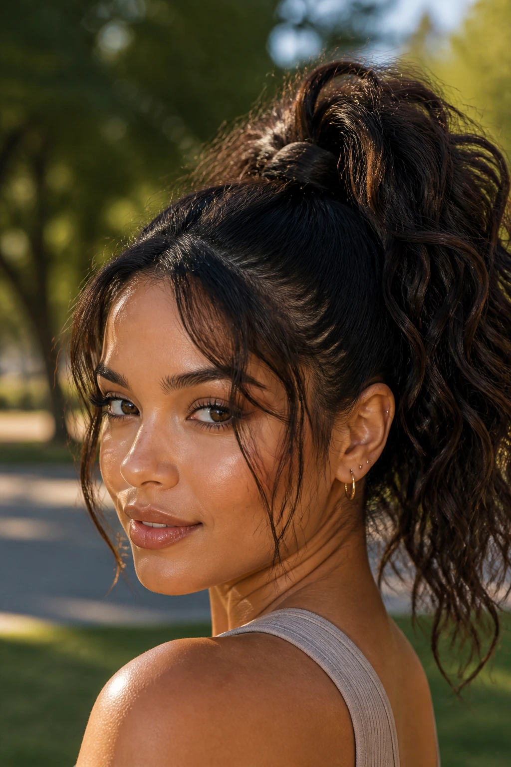 Close-up of a real Latina woman with a textured high ponytail in a sunlit park