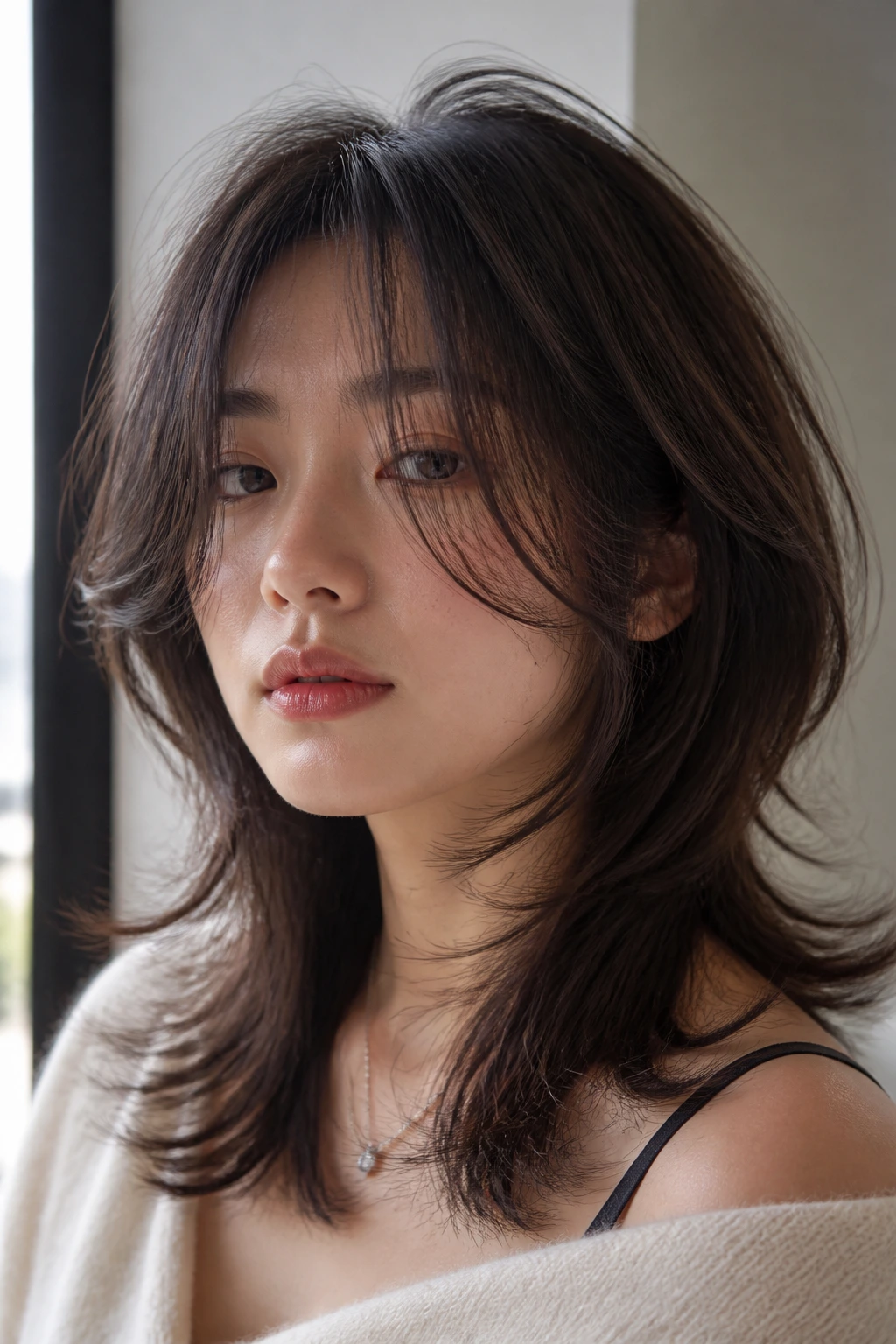 Close-up portrait of a real woman with textured hush cut feathered ends