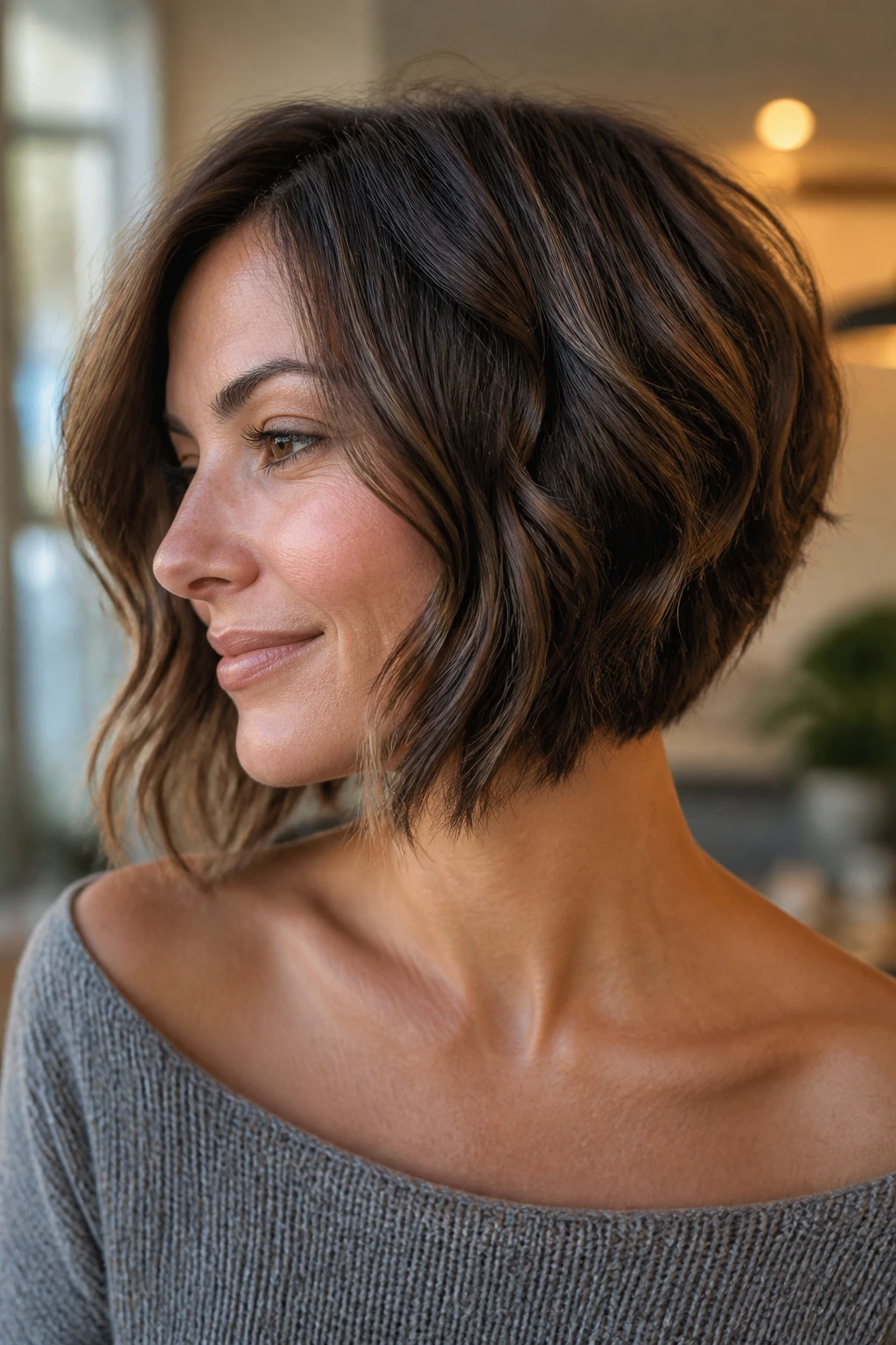 Close-up portrait of a real woman with a textured wavy inverted bob