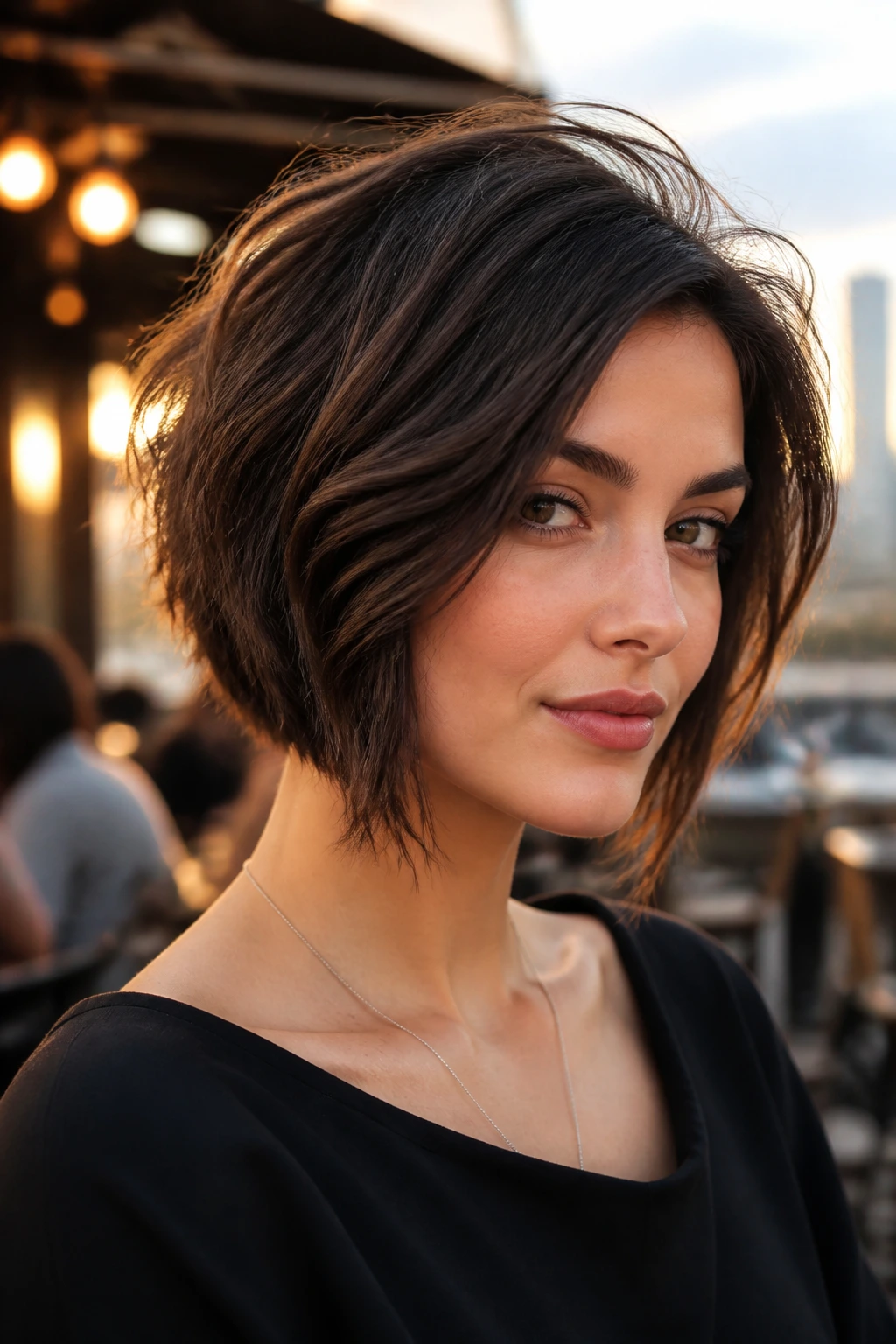 Close-up of a real woman with textured inverted bob and waves