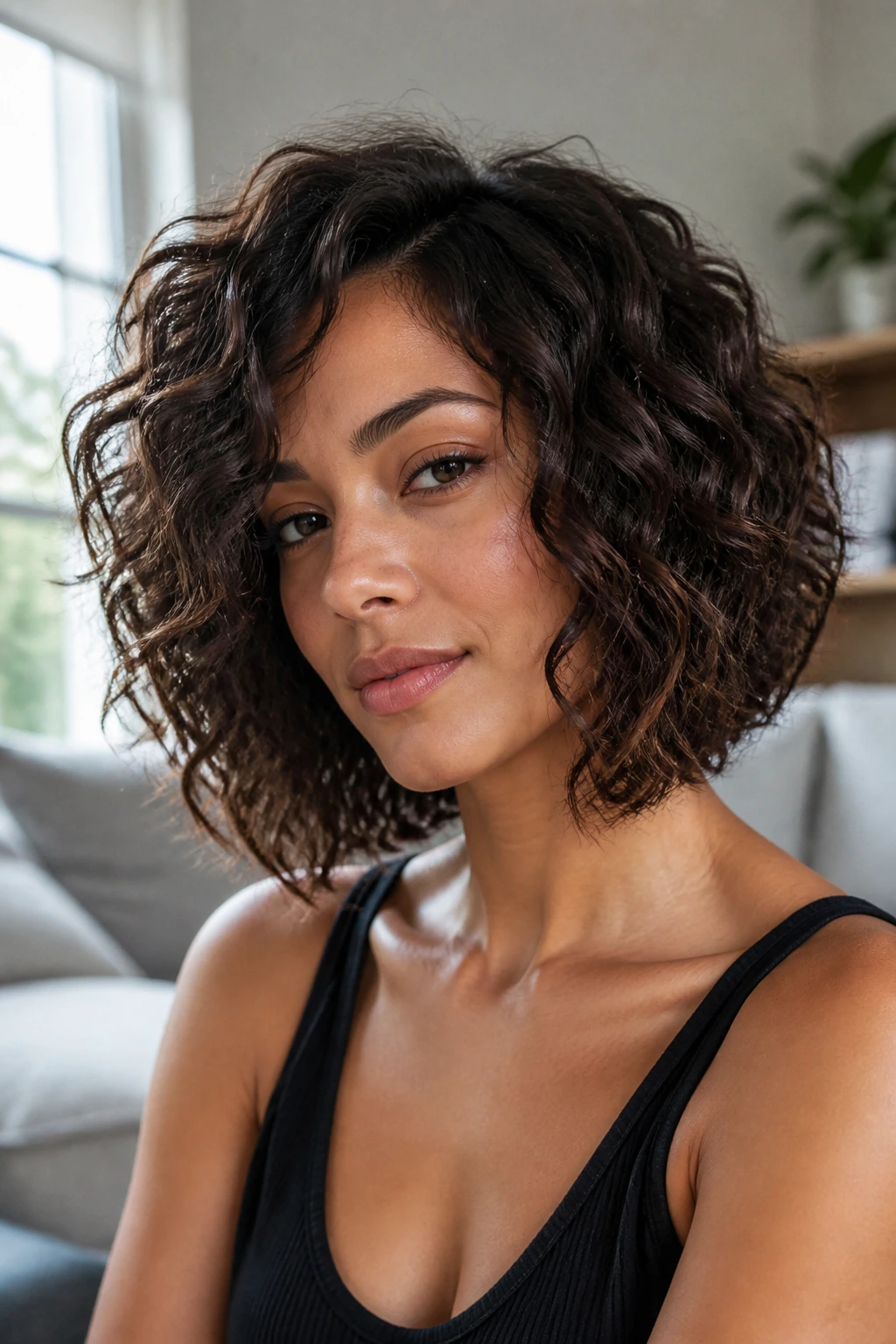 Close-up of a woman with textured inverted lob and shoulder-length curls.