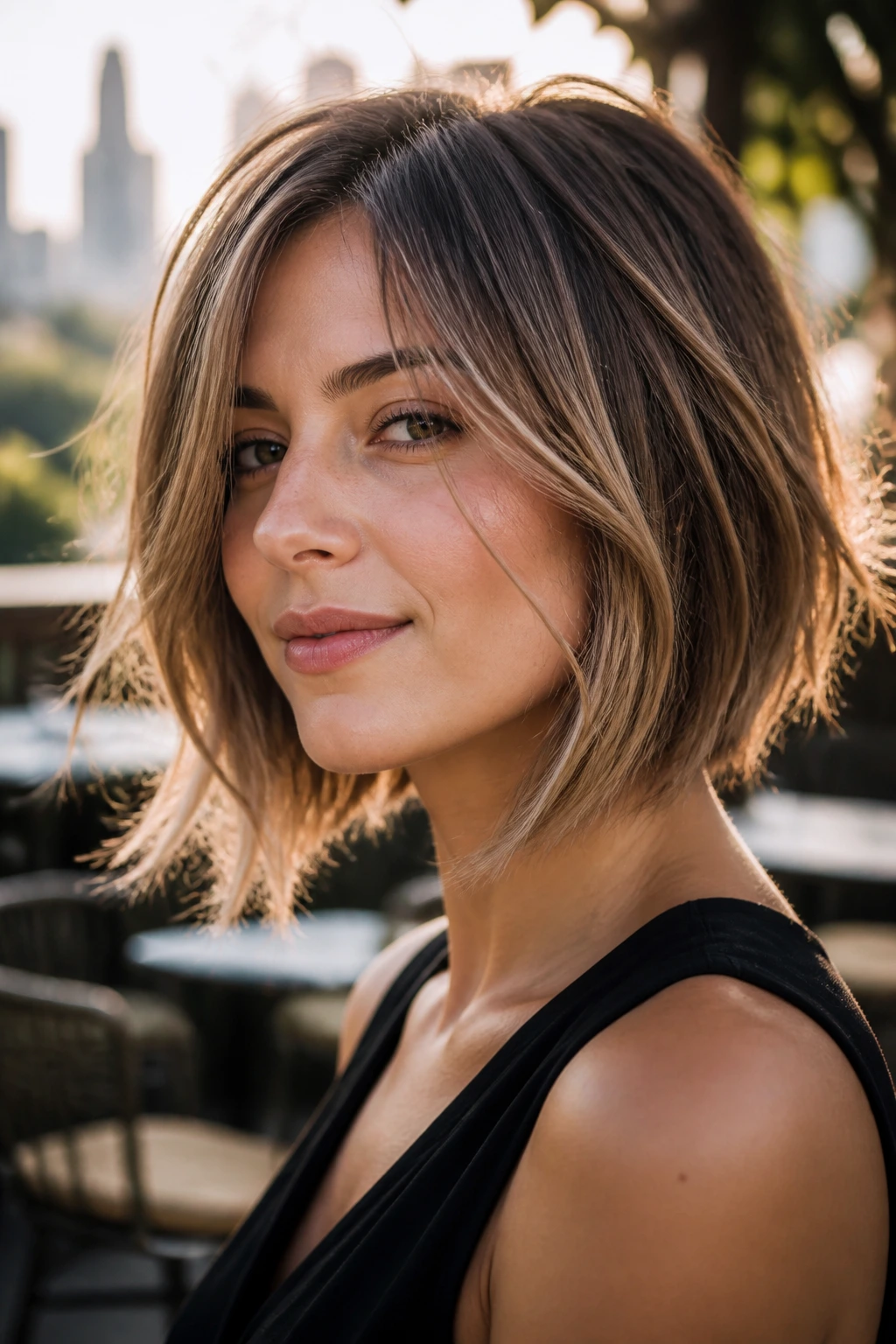 Close-up of a real woman with a textured inverted lob and soft-edged layers on a sunlit outdoor setting