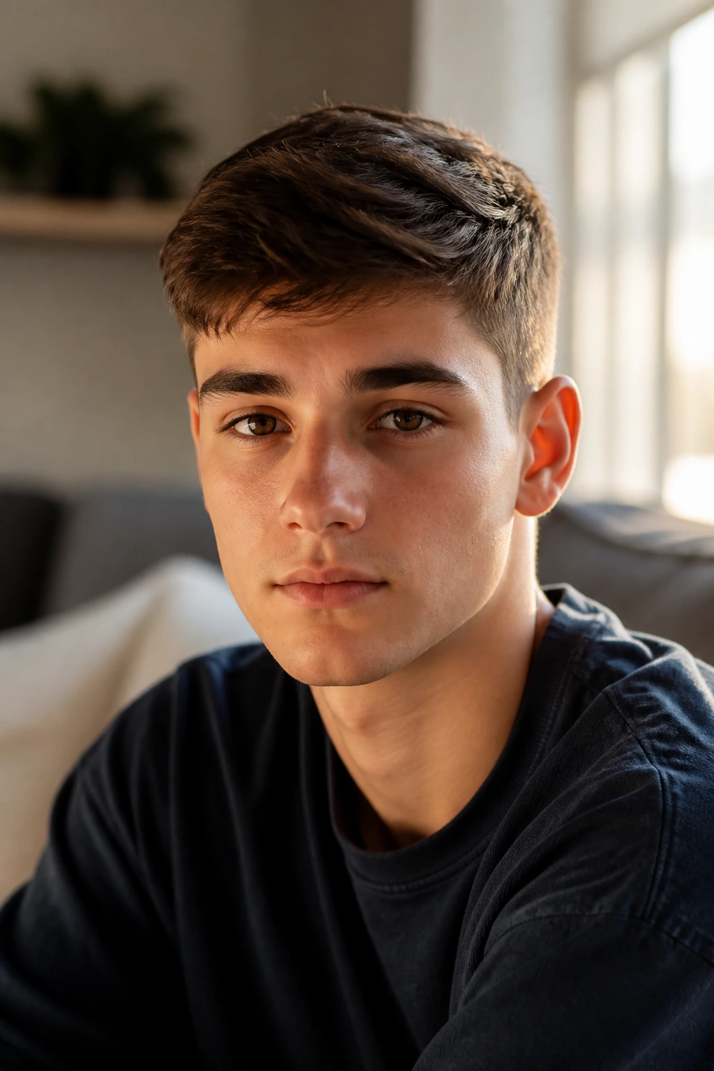 Close-up of a teenage boy with textured ivy league haircut in an indoor living room