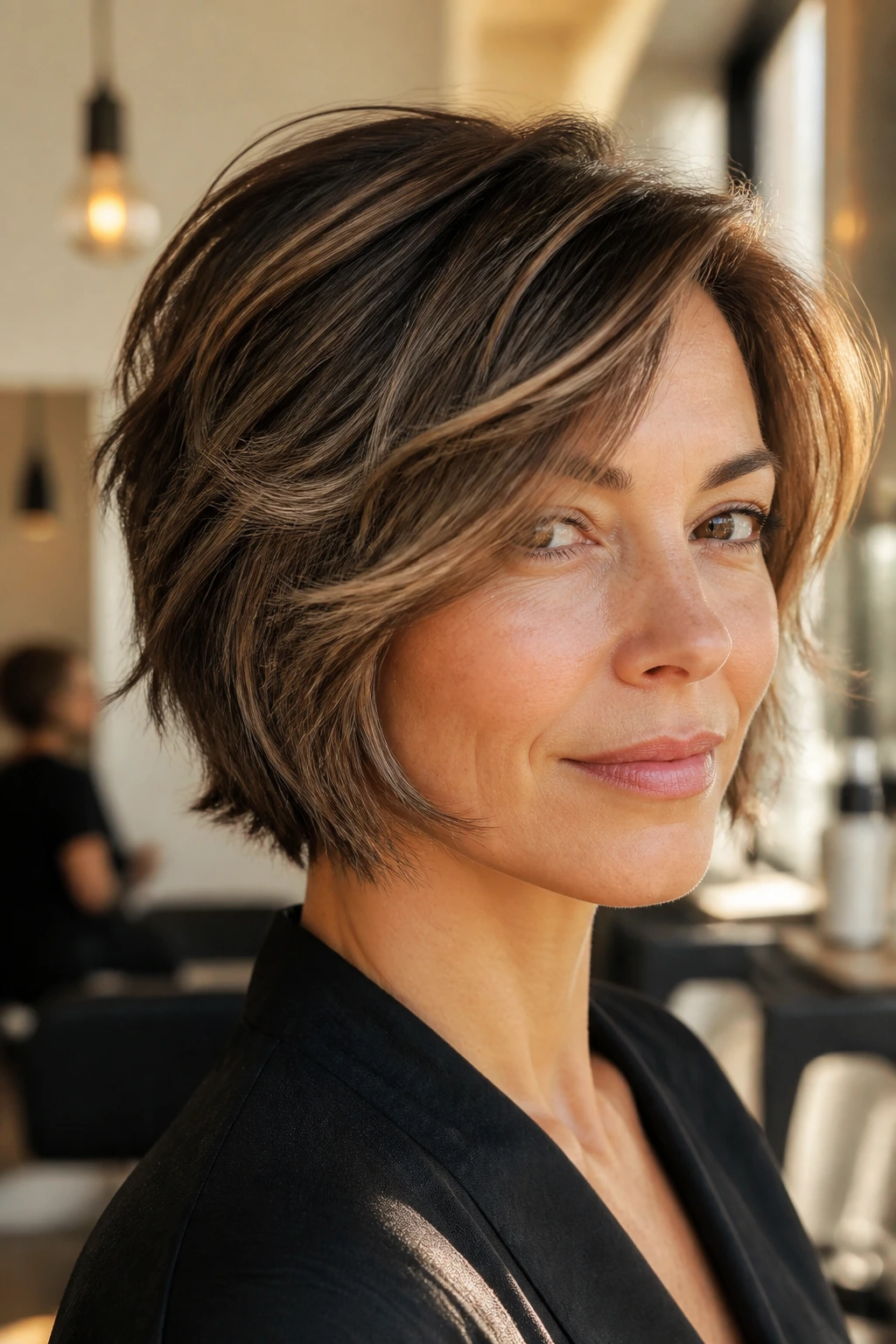 Close-up of a real woman with a textured jaw-length layered bob and feathered ends