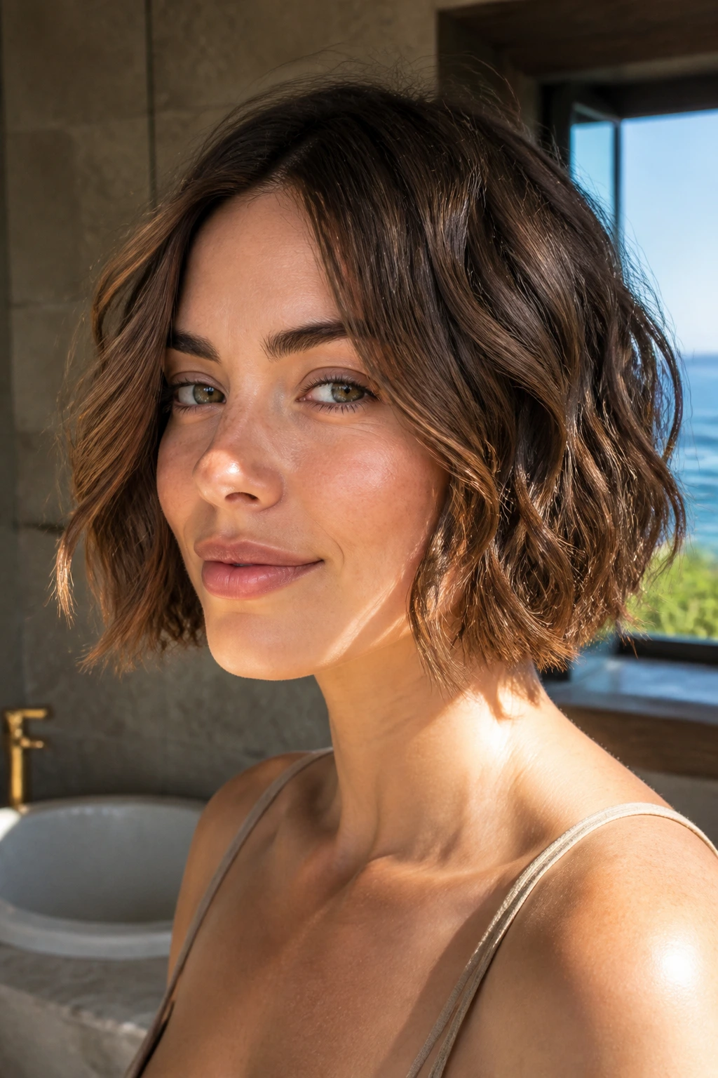 Close-up of a woman with a textured jaw-length bob in coastal light