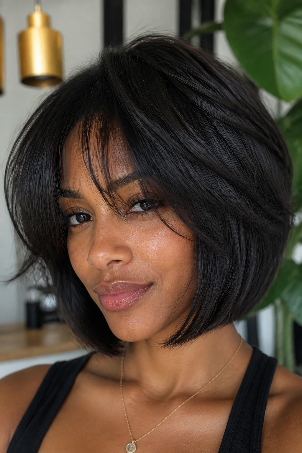 Close-up of a textured layered bob with wispy curtain bangs on a real woman