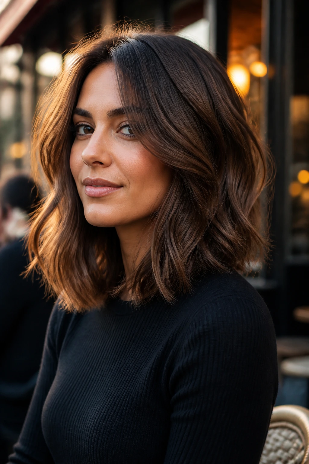 Portrait of a real woman with textured layered lob and soft waves in warm light.