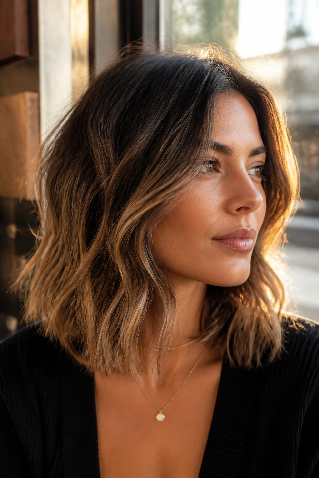 Close-up of a real woman with textured wavy long bob in sunny cafe light