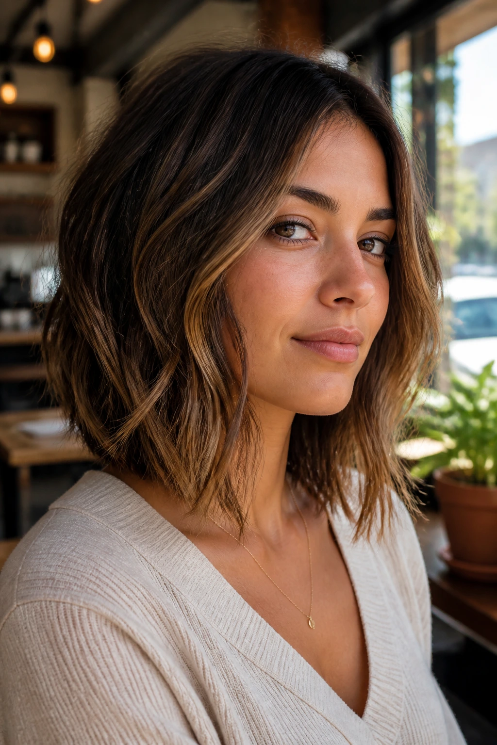 Portrait of a woman with textured lob hairstyle in natural cafe light