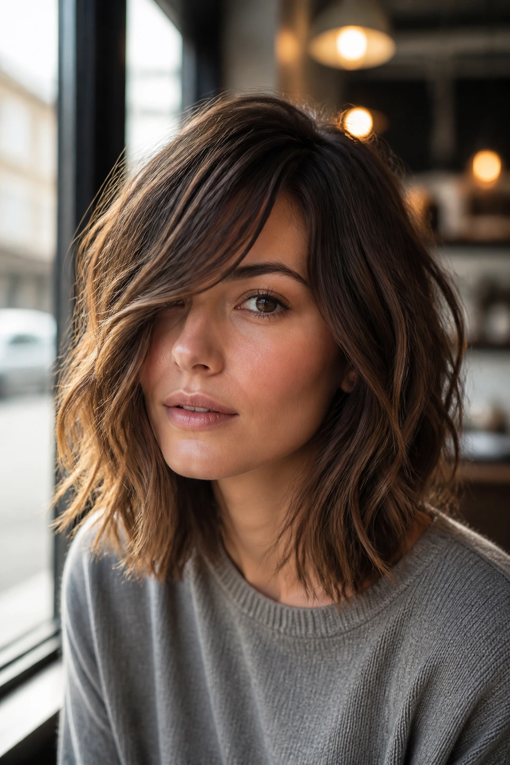 Portrait of textured lob with asymmetric bangs in cafe lighting