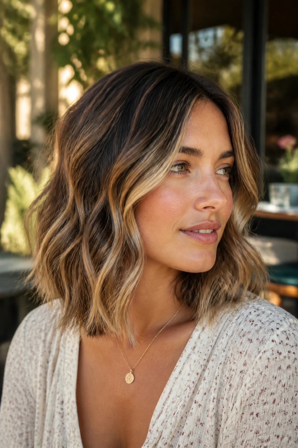 Woman with textured lob and balayage highlights in sunlight