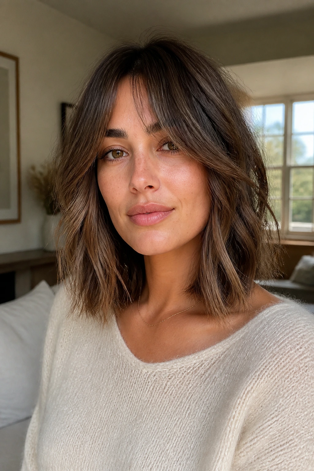 Medium close-up of a woman with textured lob and soft grown-out bangs in a cozy living room