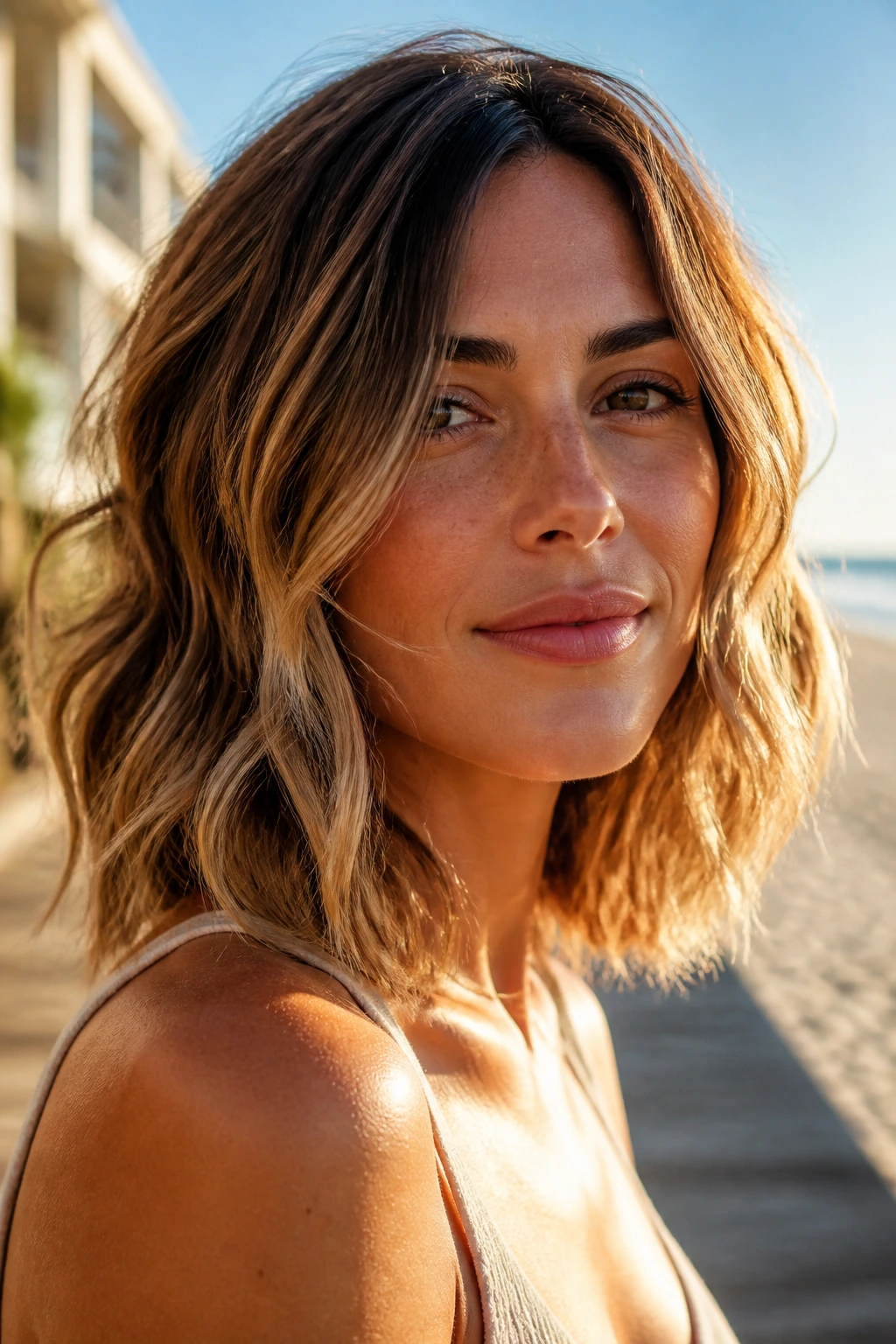 Close-up portrait of a woman with a textured lob and beach waves in golden hour outdoor light