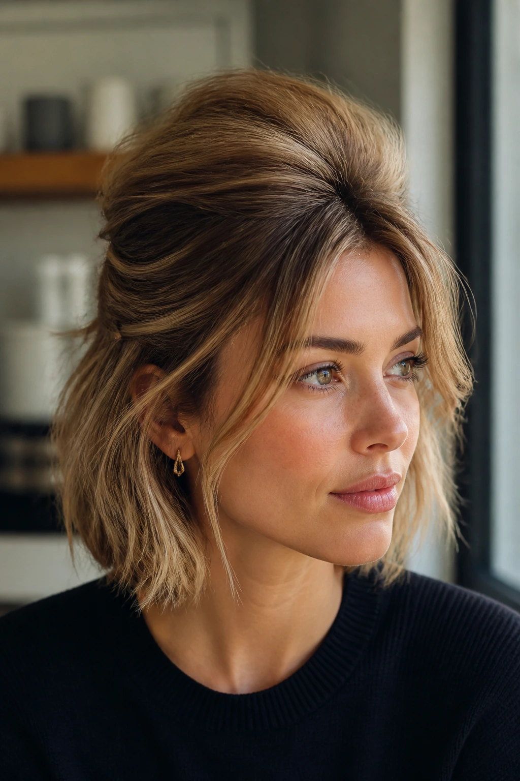 Close-up portrait of a real woman with a textured lob beehive