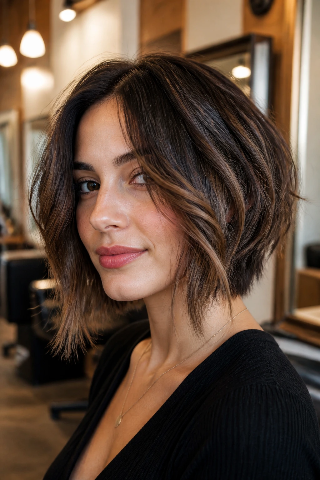 Close-up of a real woman with a textured lob-to-bob and razored nape.