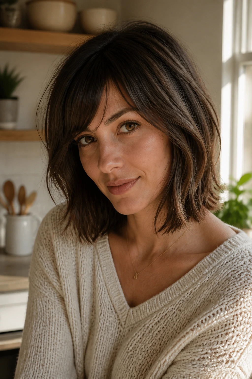 Real woman with textured lob-bob and side fringe in warm sunlight
