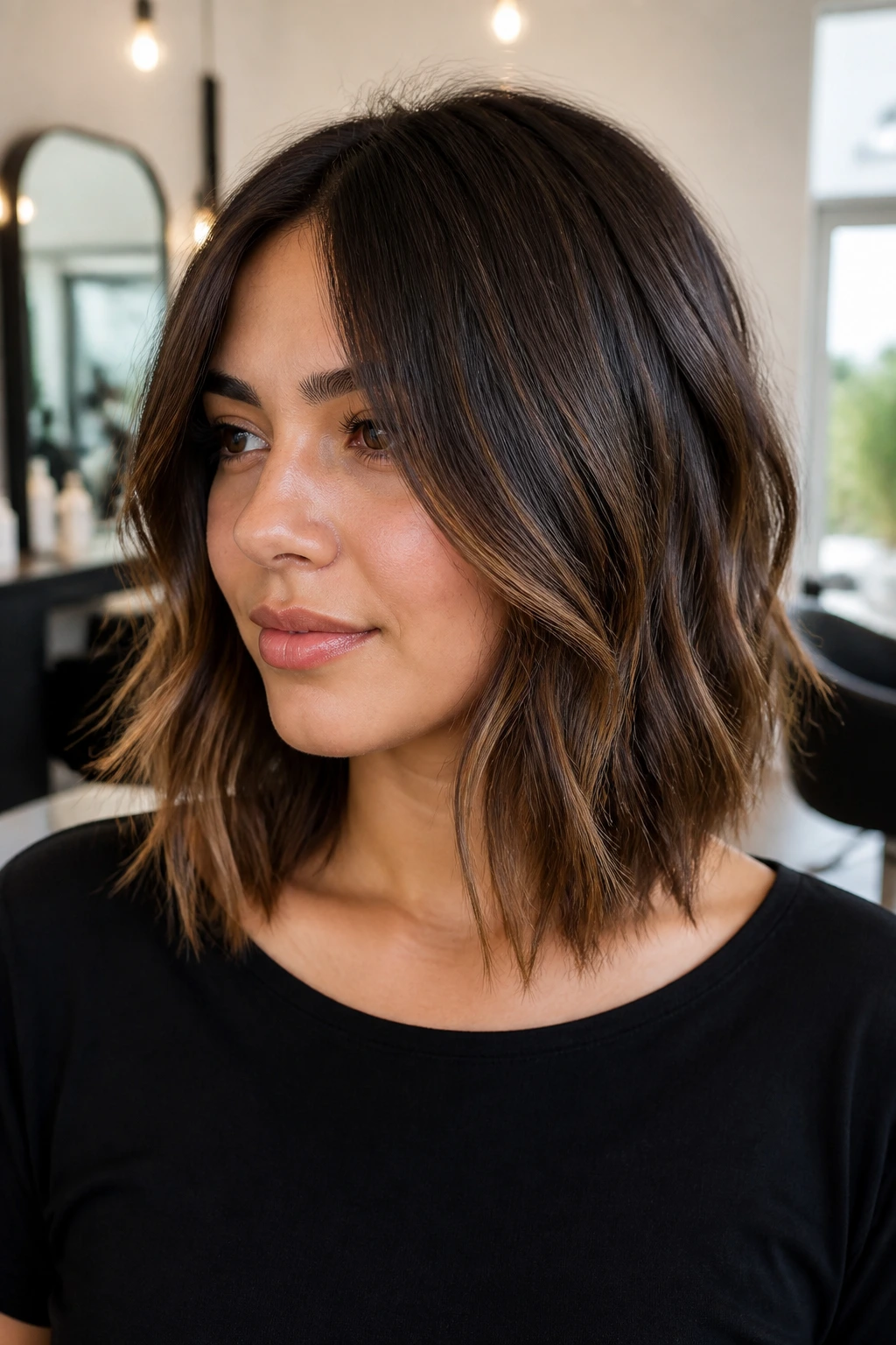Close-up of a person with a textured collarbone-length lob hairstyle