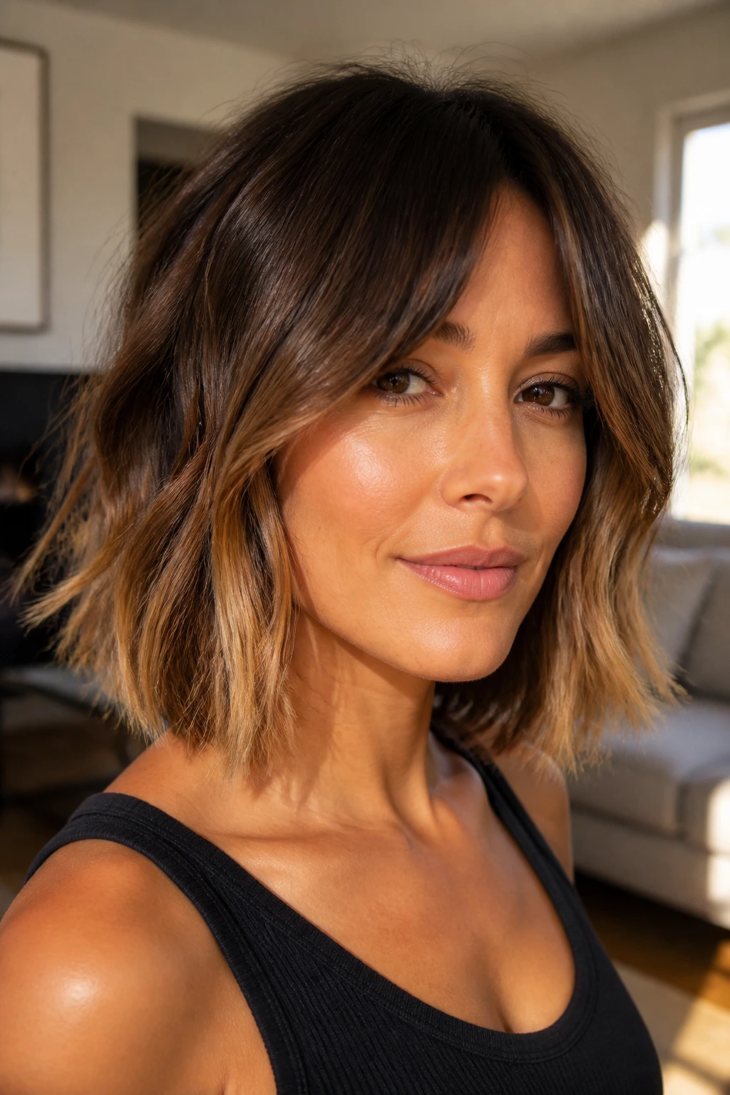 Portrait of textured lob with curtain bangs on a real woman in a sunlit living space