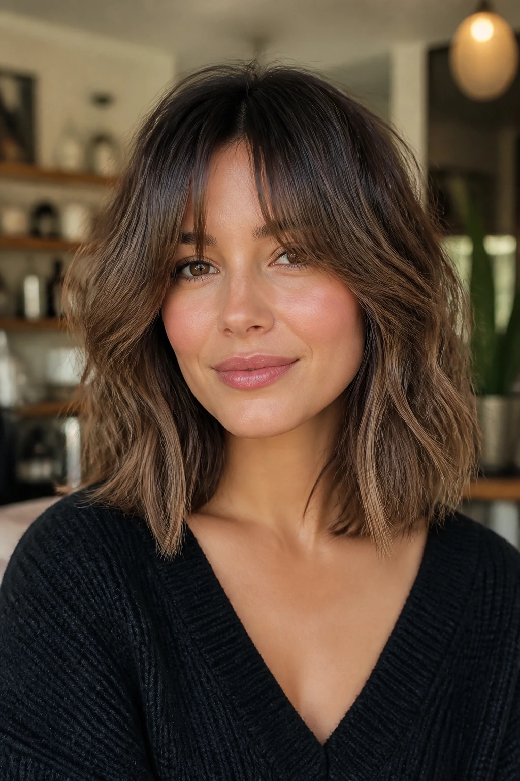 Portrait of a real woman with textured choppy lob and long curtain bangs by a window