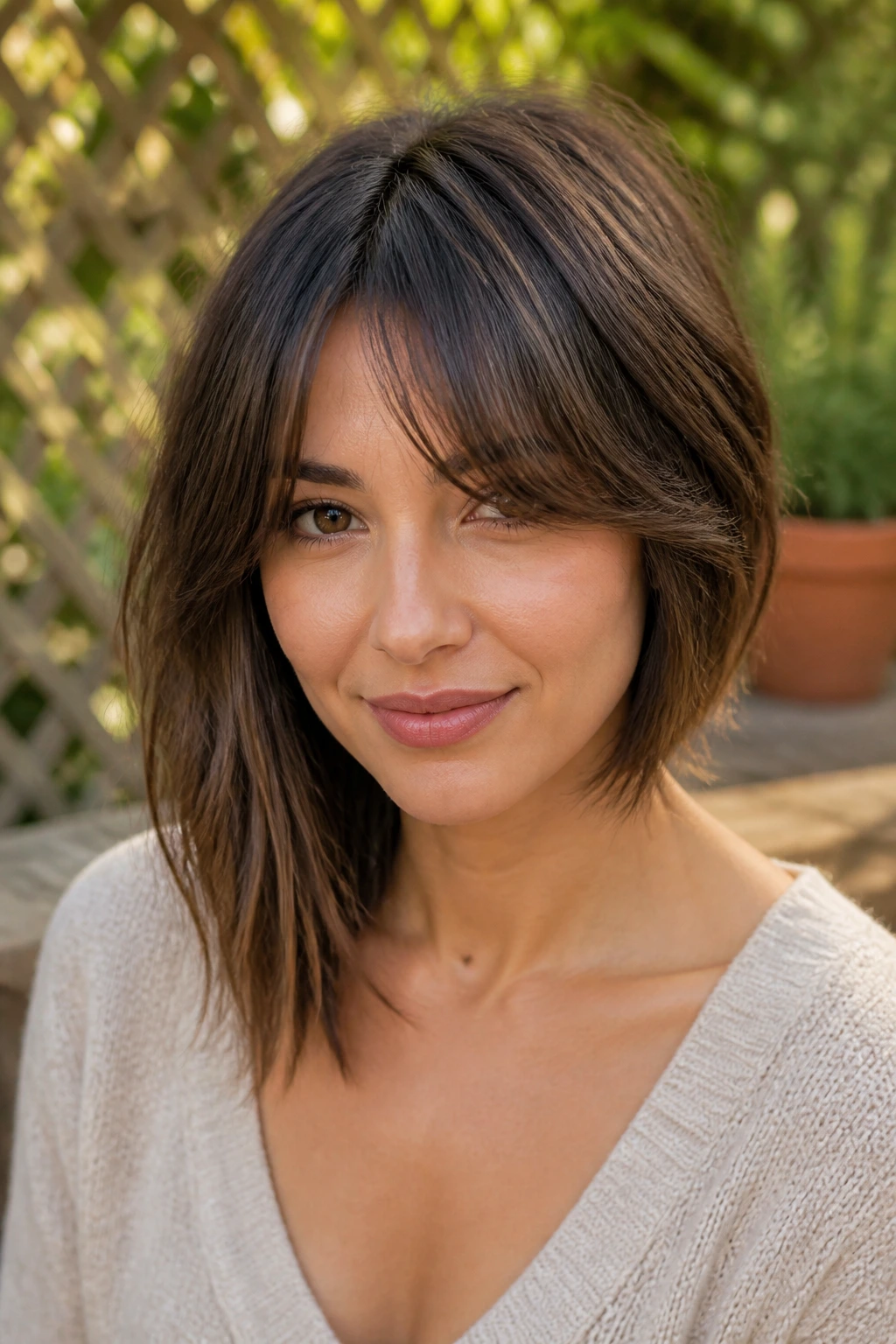 Woman with textured asymmetrical lob and curtain bangs in outdoor daylight.