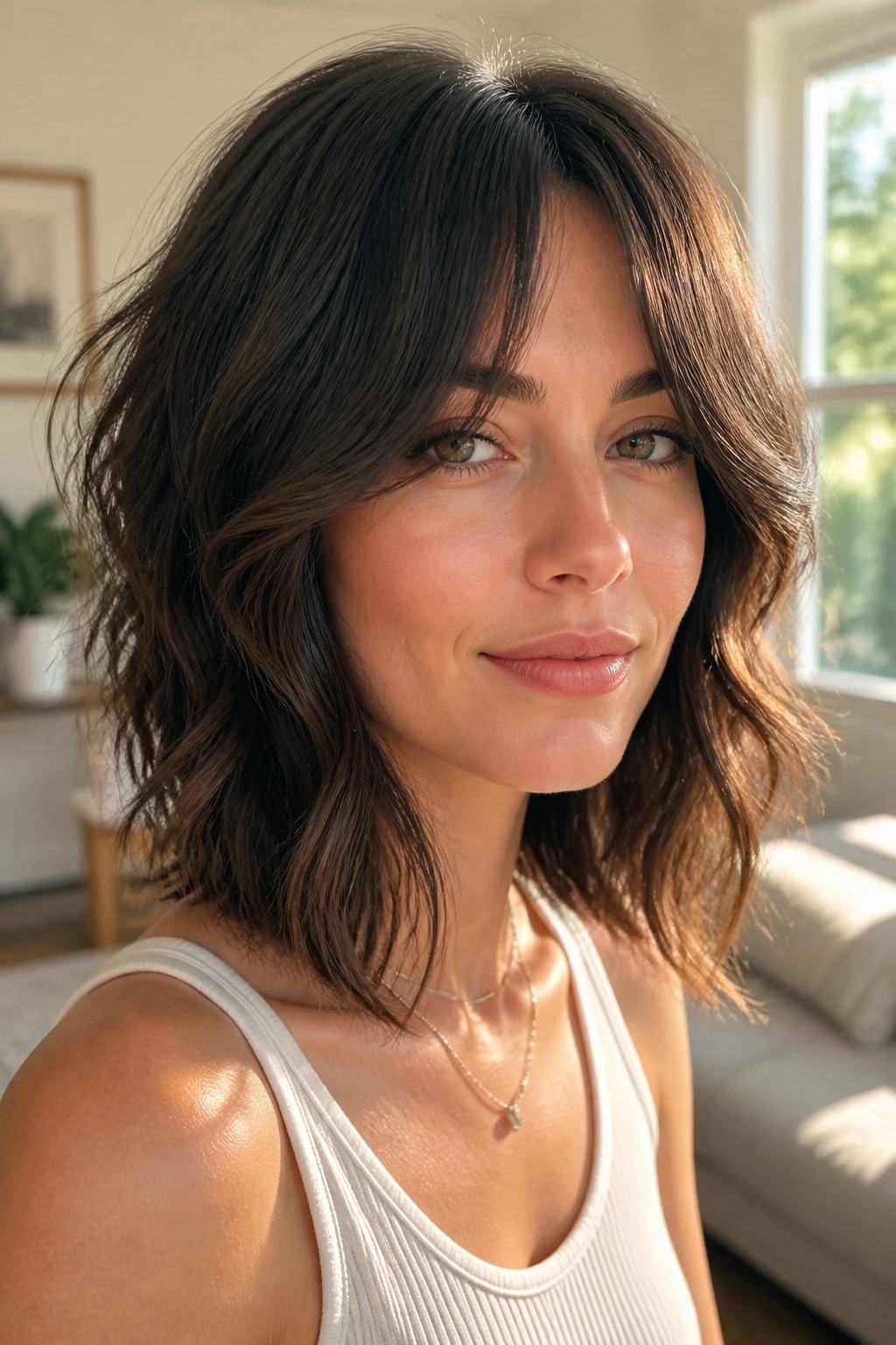 Close-up portrait of a woman with a textured lob and curtain bangs.