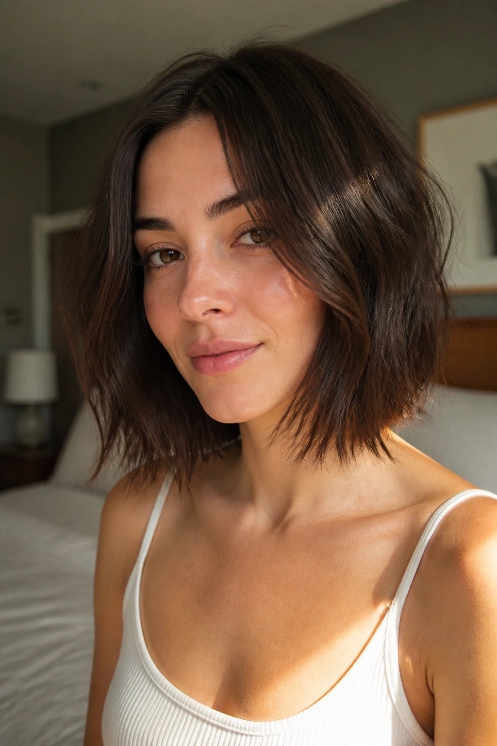 Close-up portrait of a real woman with Soft Textured Lob at collarbone length in warm home light