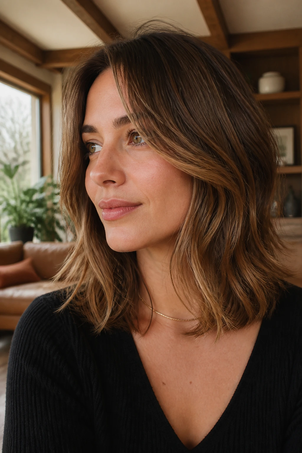 Close-up of a real woman with a textured lob and face-framing layers.