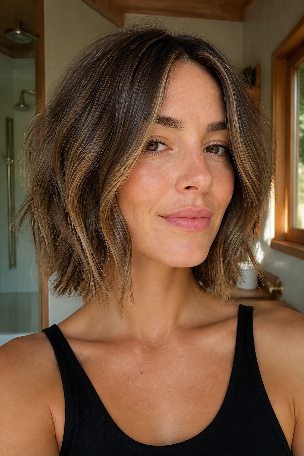 Close-up portrait of a woman with a textured lob two inches below the jaw in warm natural light