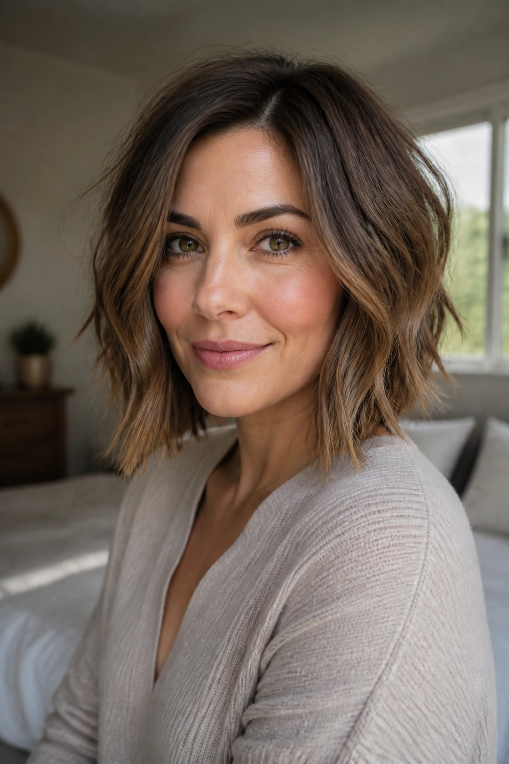 Close-up of a real woman with a textured long bob framing the jawline in natural window light.