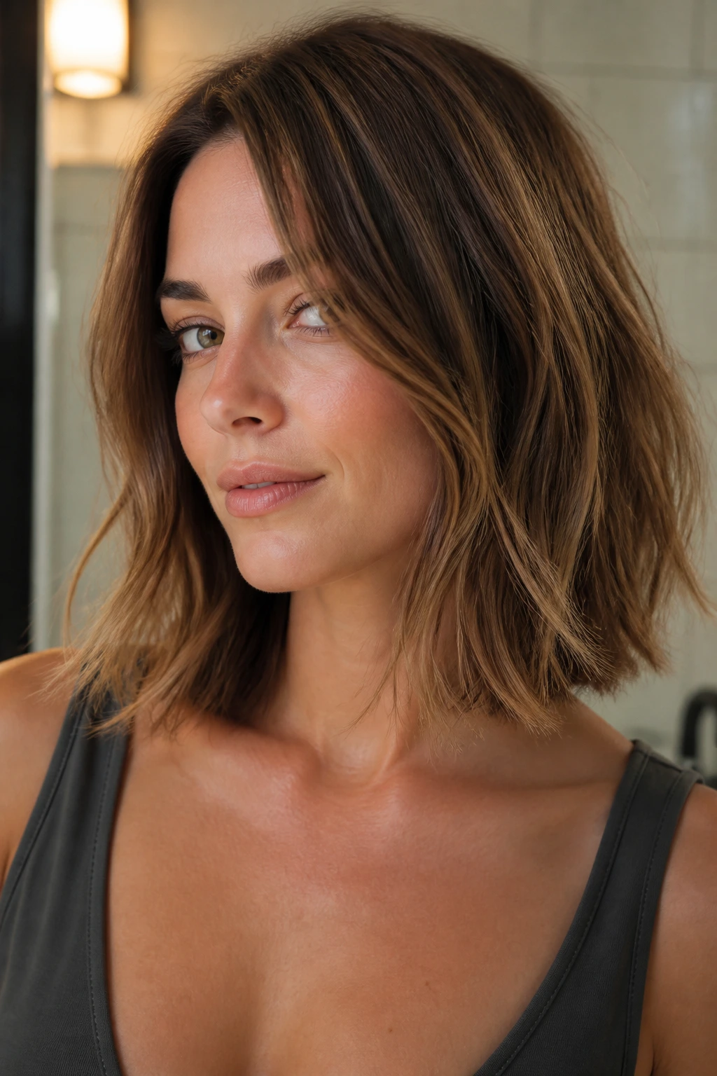 Close-up portrait of a real woman with textured shoulder-length lob and soft waves