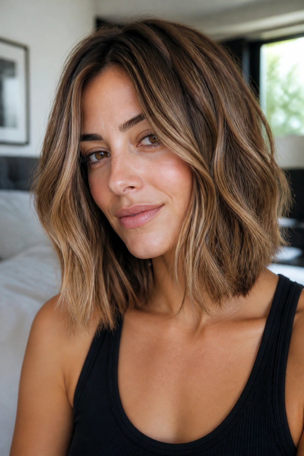Close-up portrait of a woman with a textured lob and soft highlights in natural window light