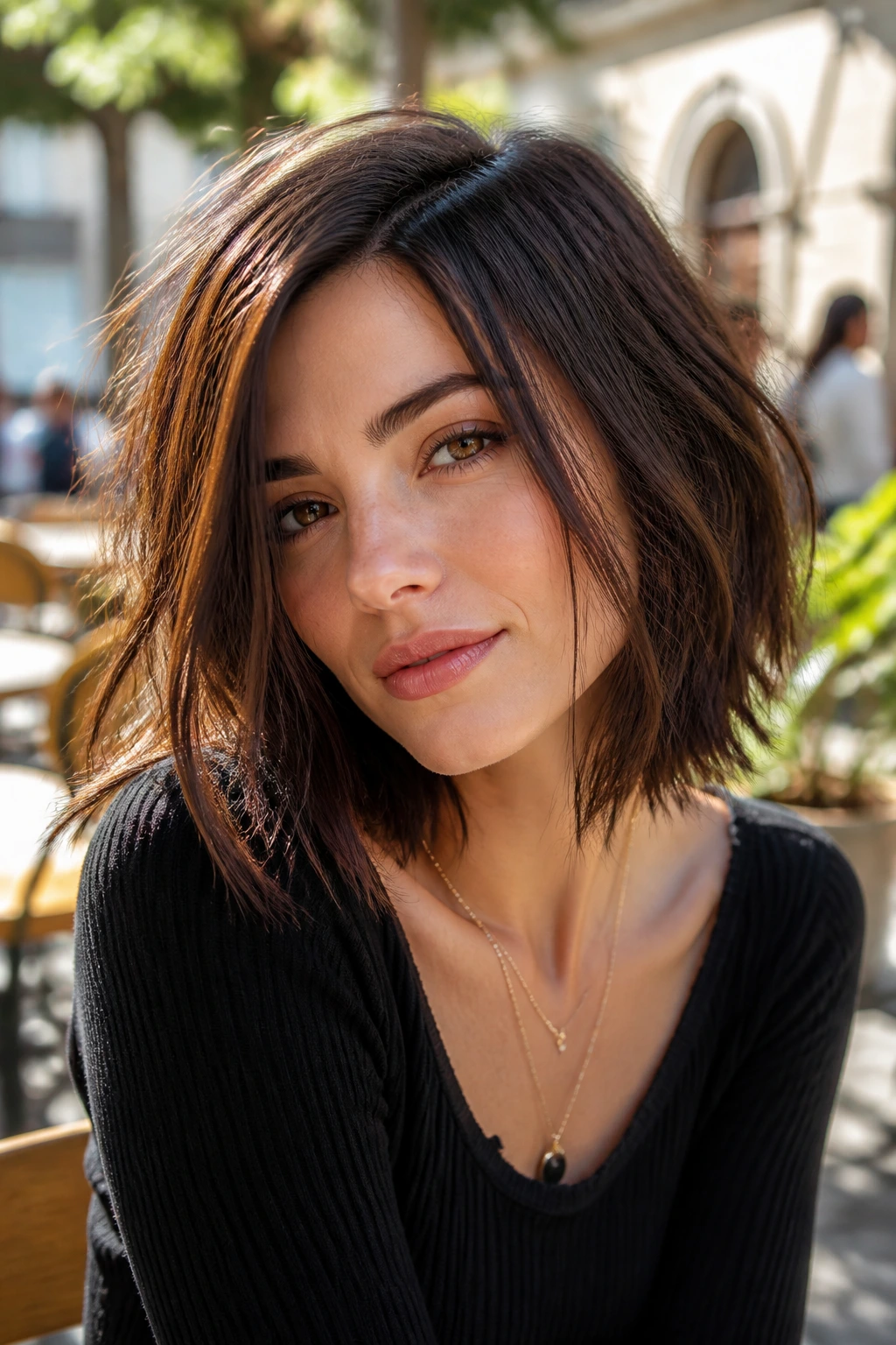 Close-up portrait of a real woman with a textured shattered lob showing interior layers.