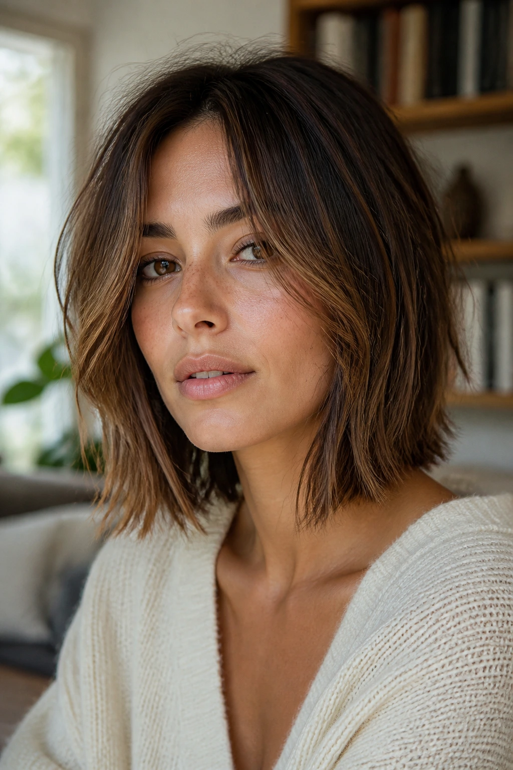 Close-up of textured lob with face-framing layers in natural daylight