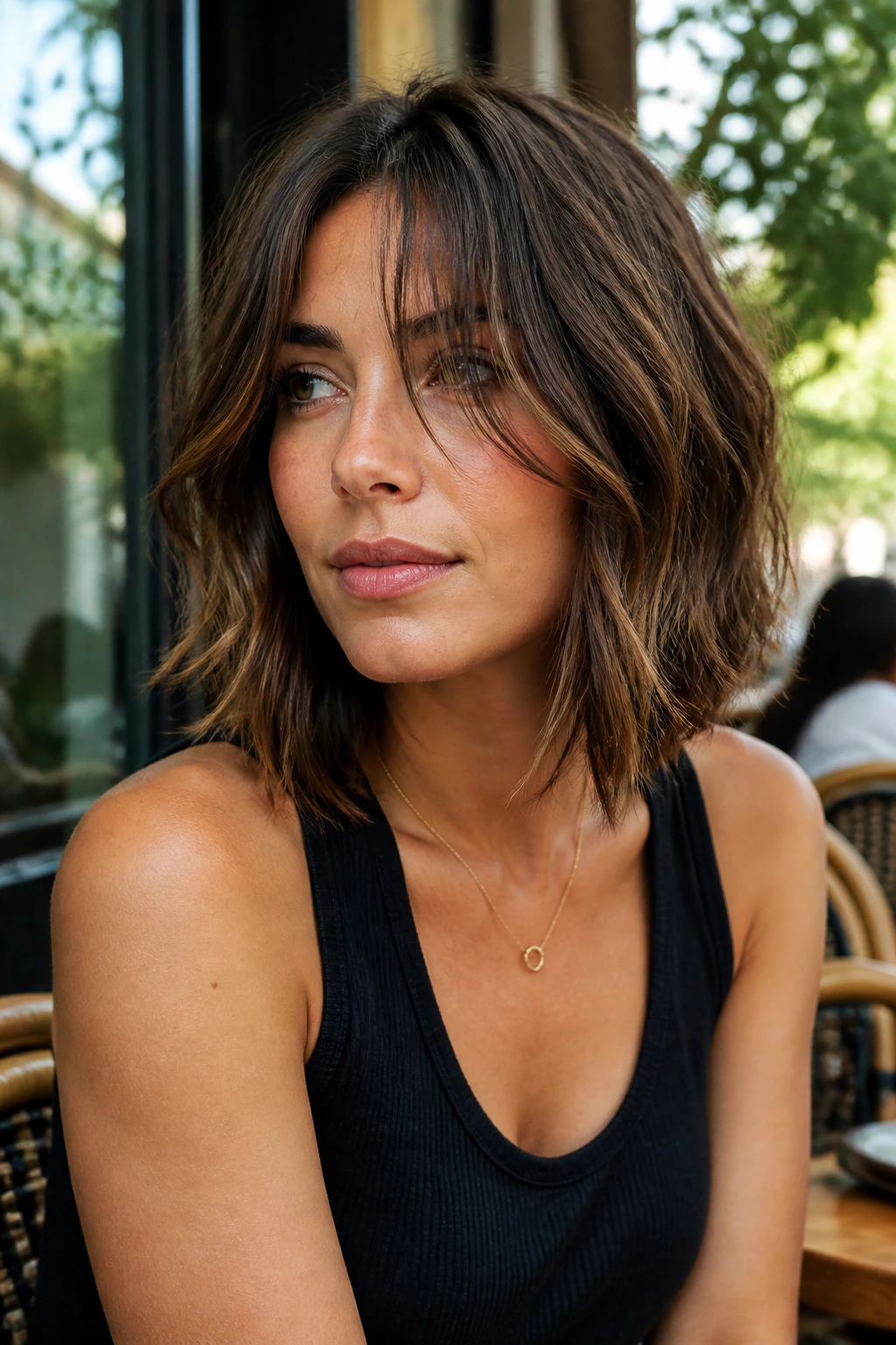 Real person with textured lob and long grown-out bangs, close-up portrait