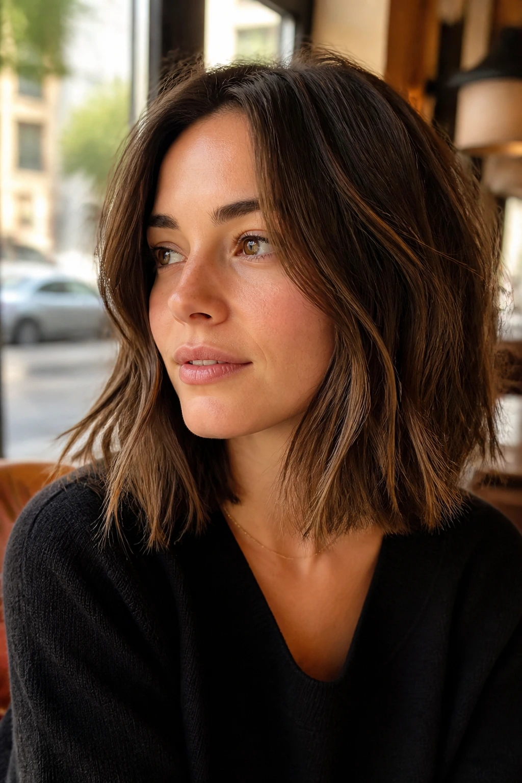 Portrait of a real woman with a textured lob below the jawline