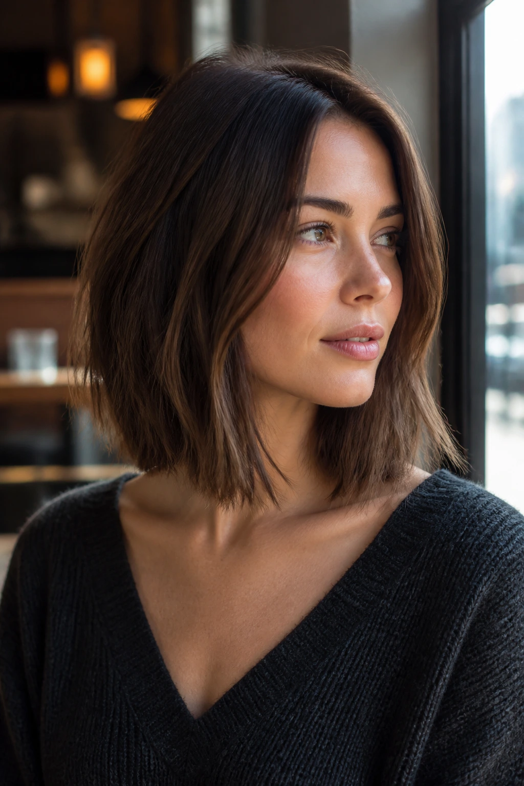 Portrait of a woman with a textured long bob at collarbone length in natural daylight