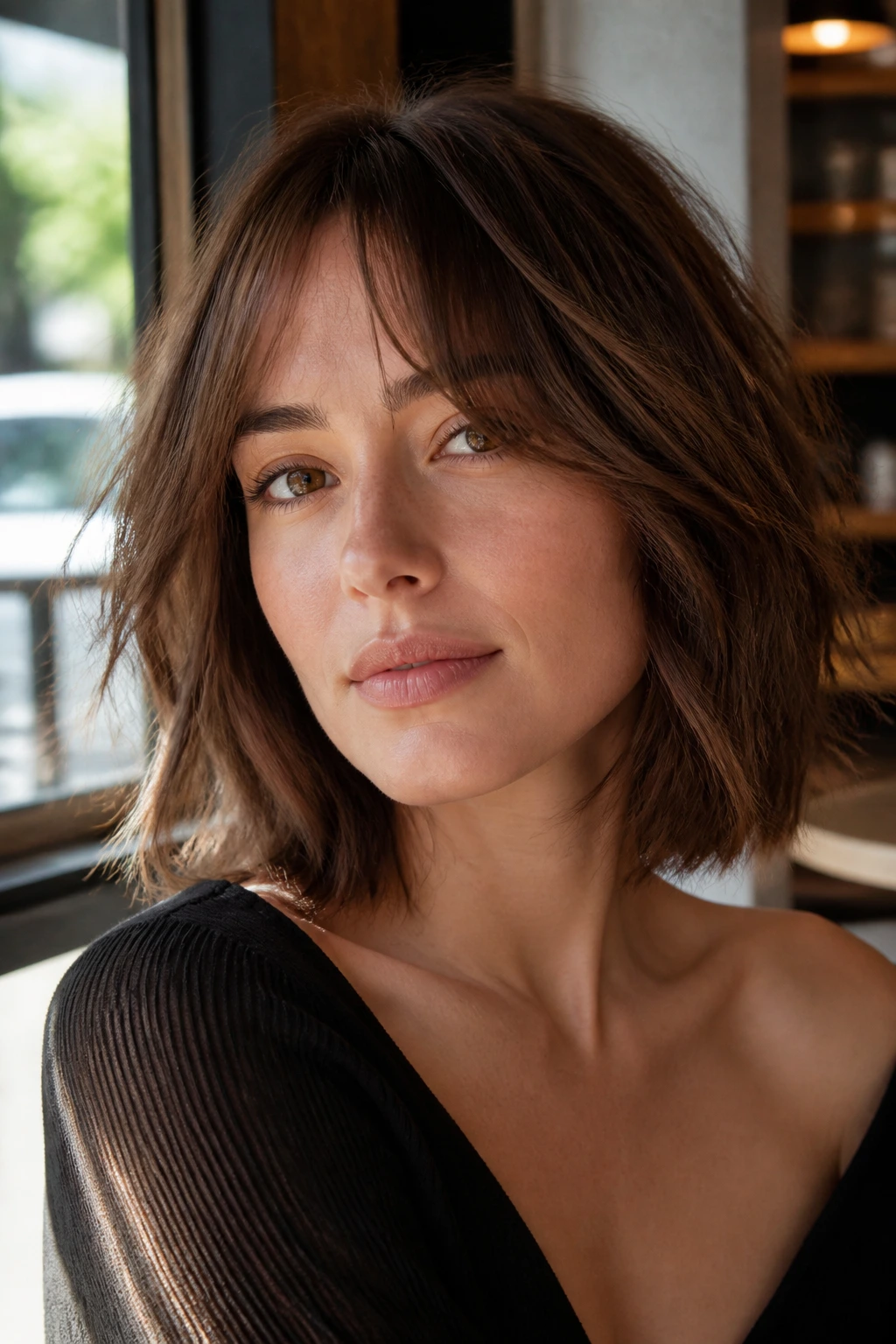 Close-up portrait of a real woman with textured lob and piecey ends, natural light